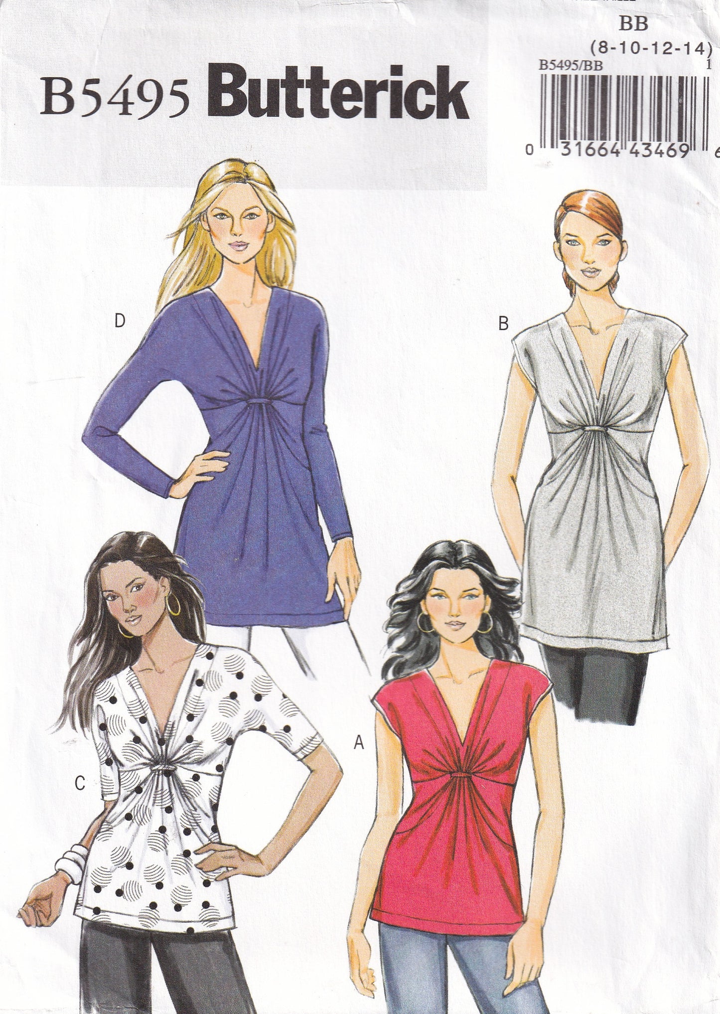 Butterick 5495 Womens Stretch Knit Draped Front Tunic Tops Out Of Print Sewing Pattern Sizes 8 - 14 UNCUT Factory Folded