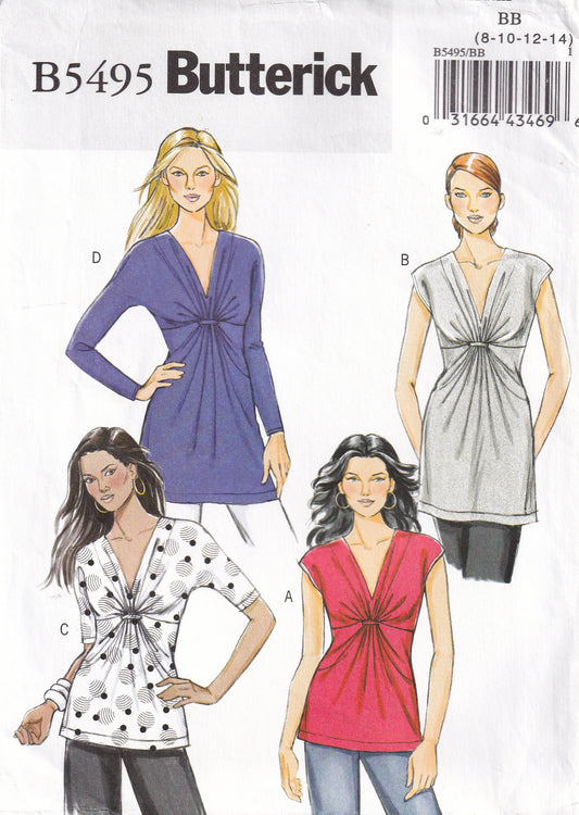 Butterick 5495 Womens Stretch Knit Draped Front Tunic Tops Out Of Print Sewing Pattern Sizes 8 - 14 UNCUT Factory Folded
