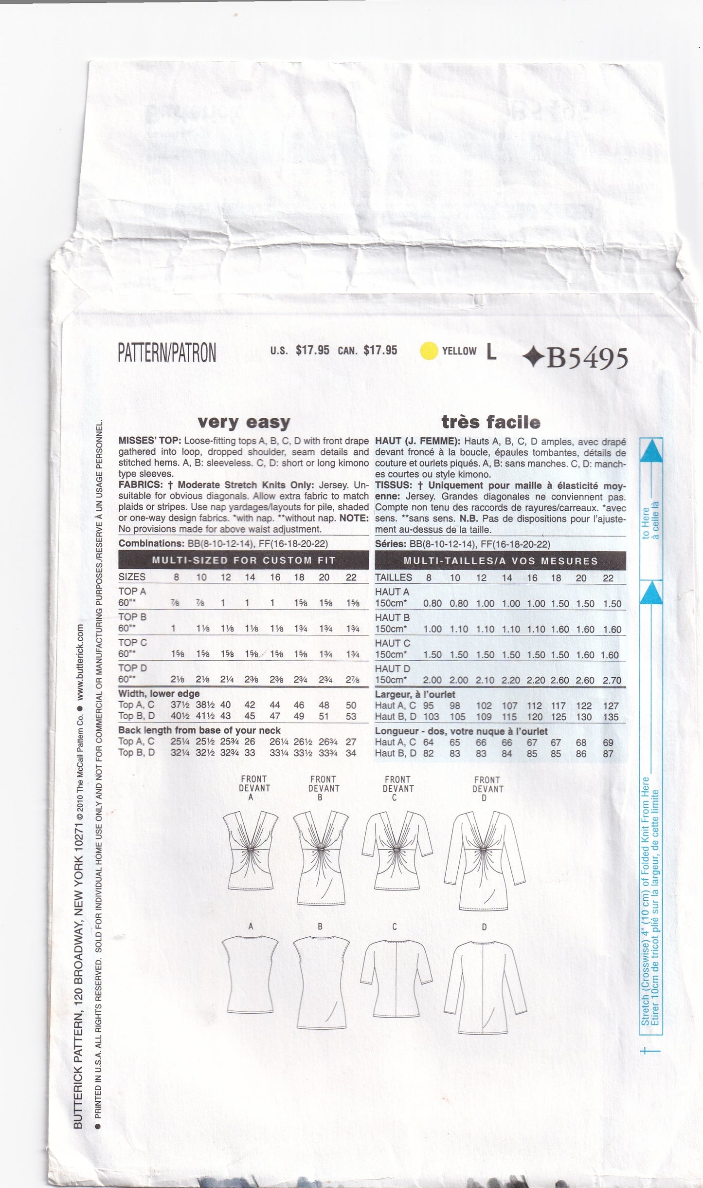 Butterick 5495 Womens Stretch Knit Draped Front Tunic Tops Out Of Print Sewing Pattern Sizes 8 - 14 UNCUT Factory Folded