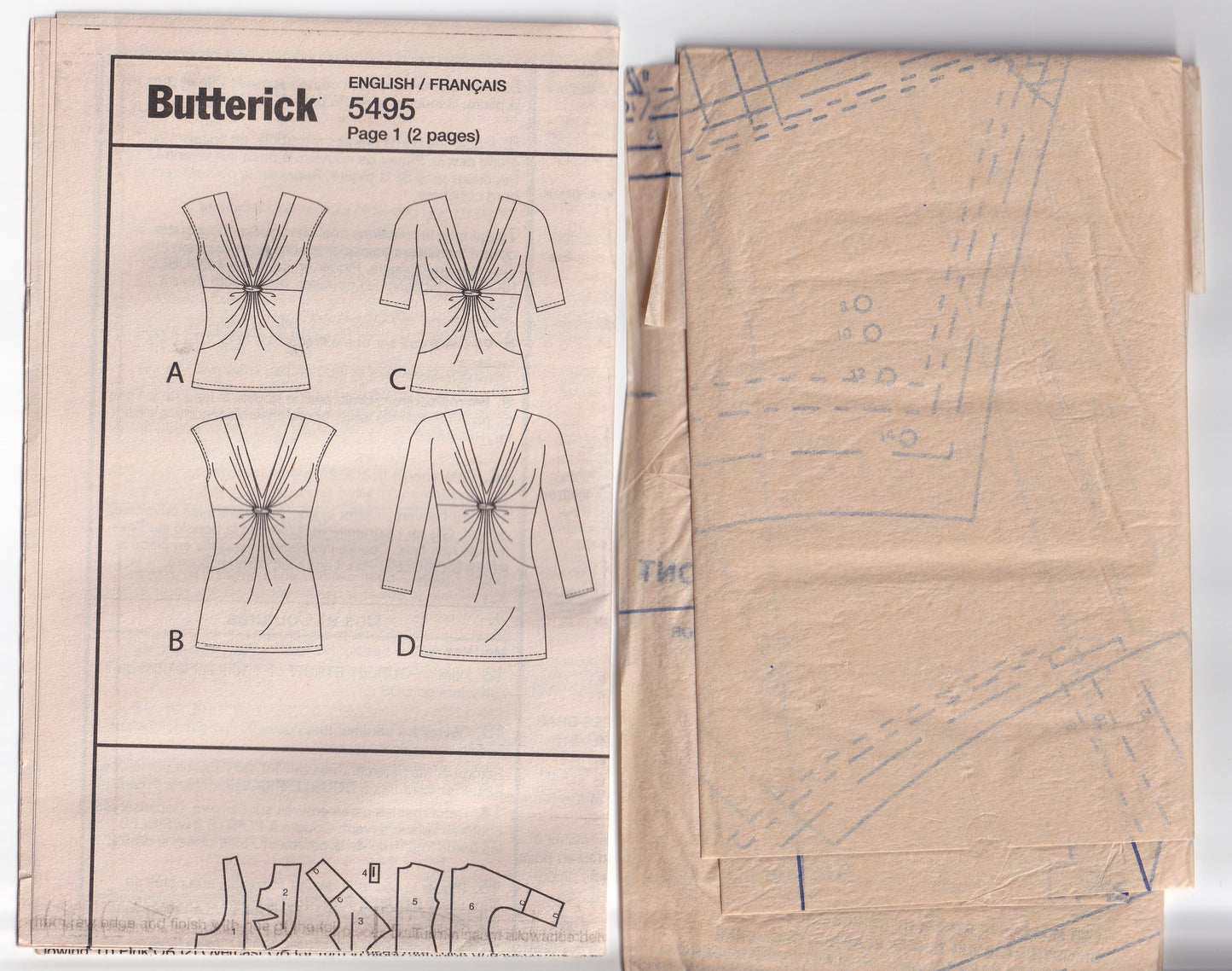 Butterick 5495 Womens Stretch Knit Draped Front Tunic Tops Out Of Print Sewing Pattern Sizes 8 - 14 UNCUT Factory Folded