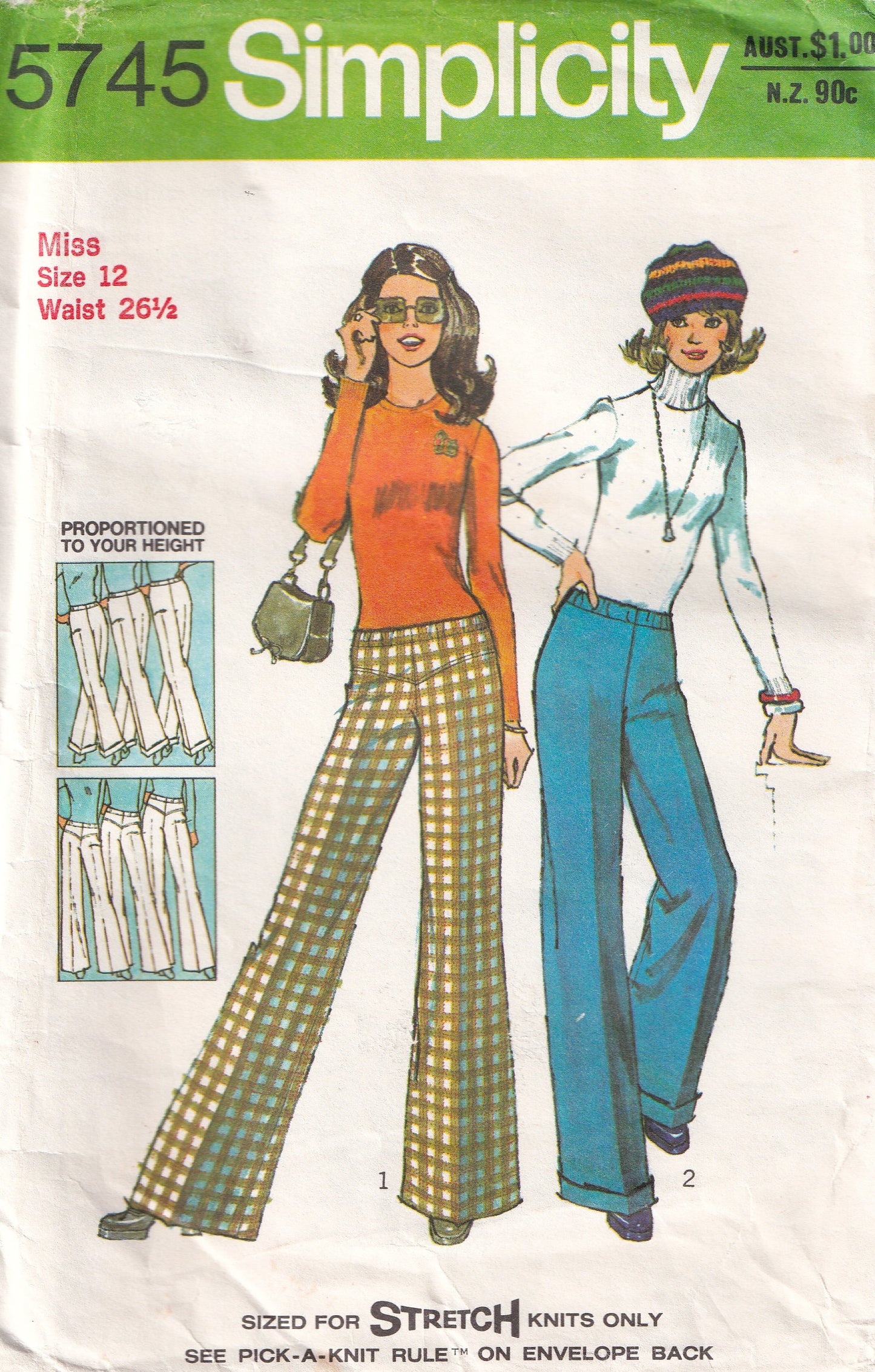 Simplicity 5745 Womens Stretch Knit Pants & Wide Leg Hip Hugger Flares in Short Regular or Tall 1970s Vintage Paper Sewing Pattern Size 12 Waist 26.5 Inches