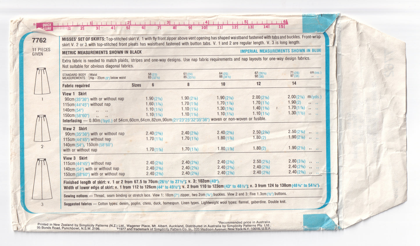 Simplicity 7762 Womens Set Of Skirts Front Fly Maxi & Side Pleated 1970s Vintage Paper Sewing Pattern Size 10 Waist 25 Inches