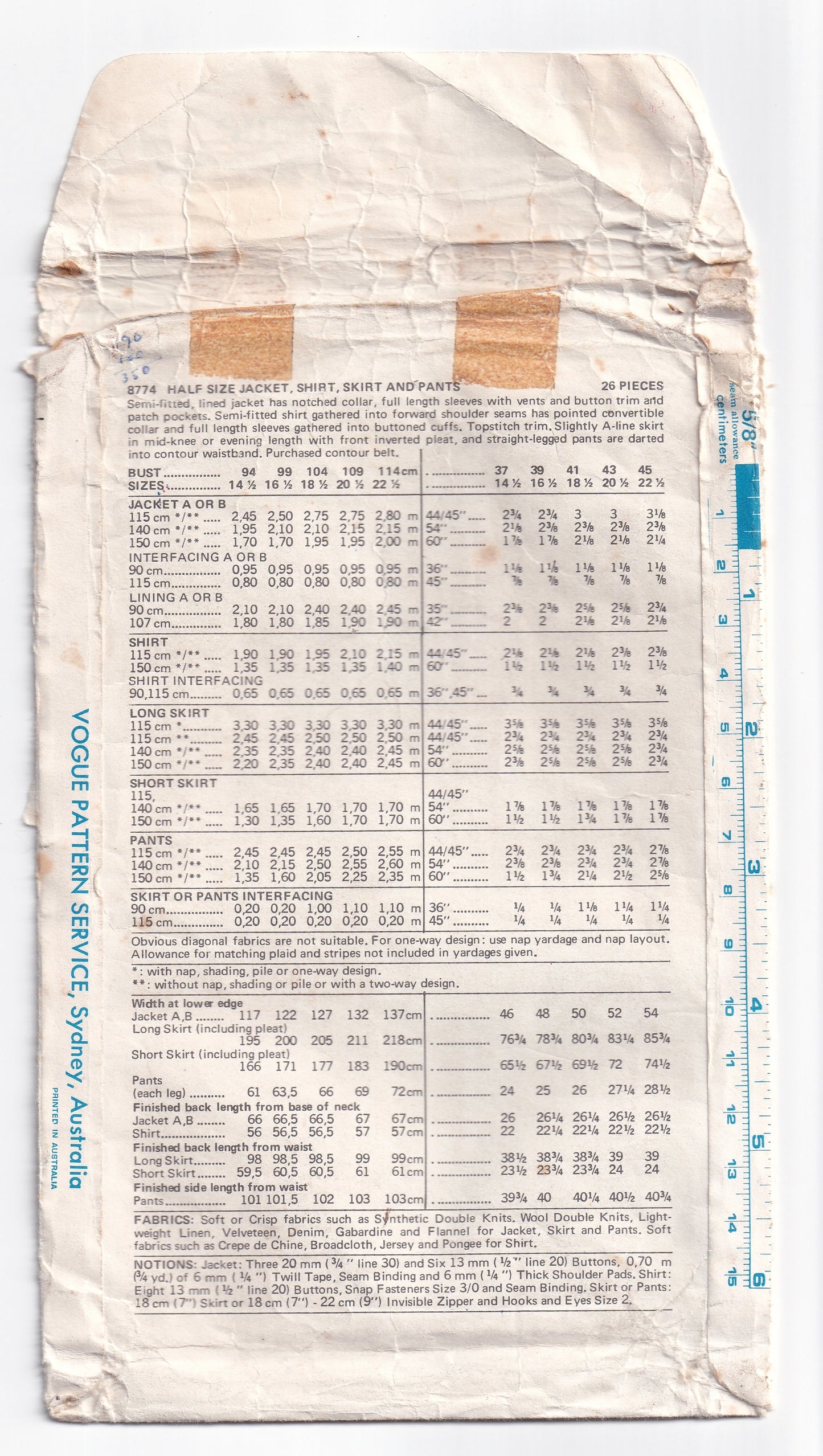 Vogue 8774 Womens Half Size Wide Collar Jacket Shirt Flared Pants & Skirt 1970s Vintage Paper Sewing Pattern Bust 43 inches