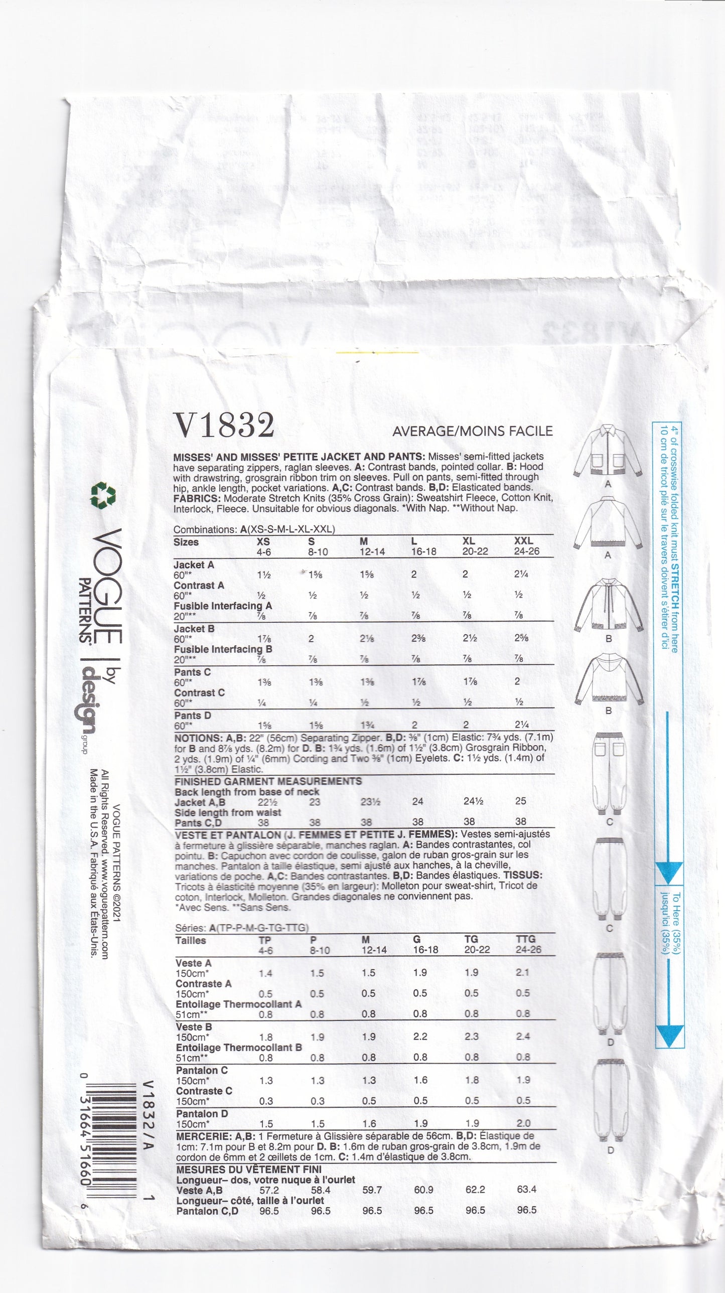 Vogue 1832 Womens Stretch Knit Casual Zip Front Jacket & Pants Out Of Print Paper Sewing Pattern Size XS - XXL UNCUT Factory Folded