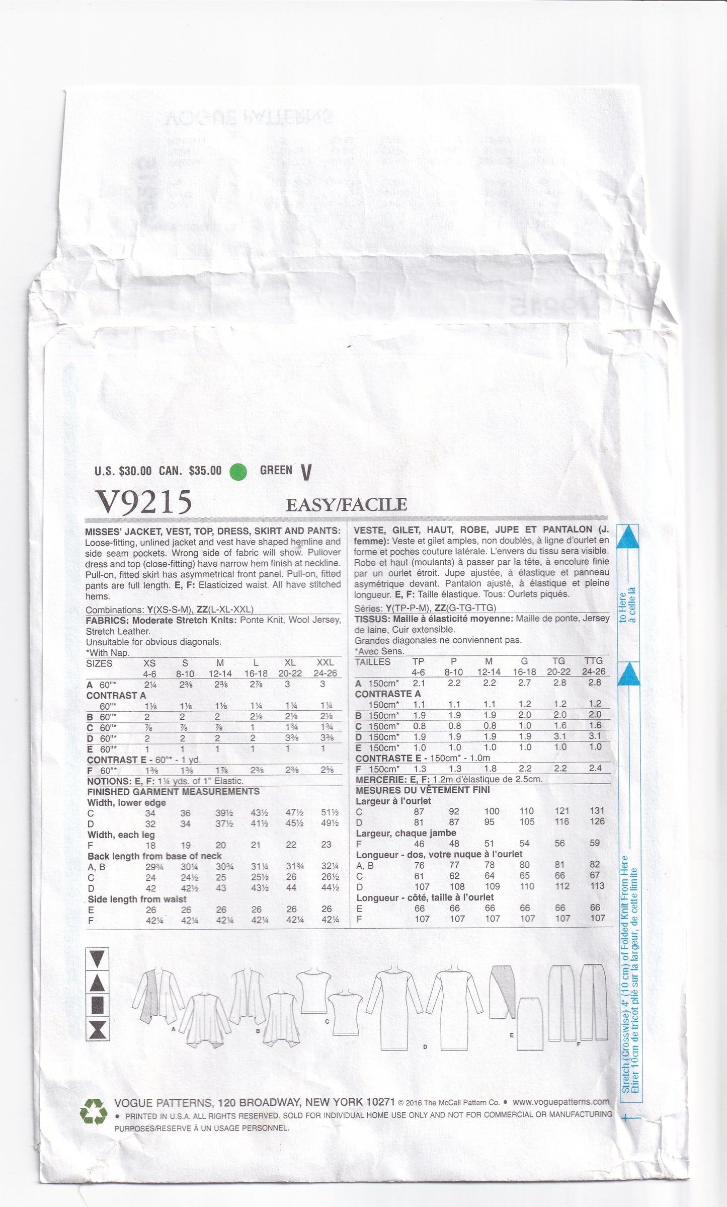 Vogue Wardrobe 9215 Womens Stretch Knit Capsule Wardrobe Out Of Print Paper Sewing Pattern Size L - XXL UNCUT Factory Folded