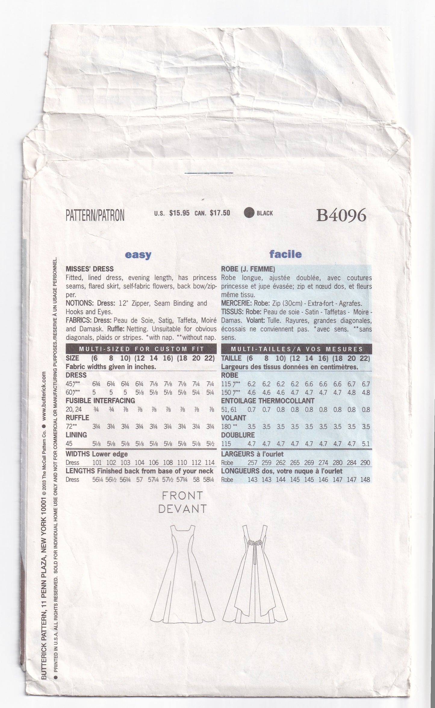 Butterick 4096 Womens Lined Princess Evening Formal or Bridesmaids Dresses Out Of Print Paper Sewing Pattern Size 6 - 10 UNCUT Factory Folded