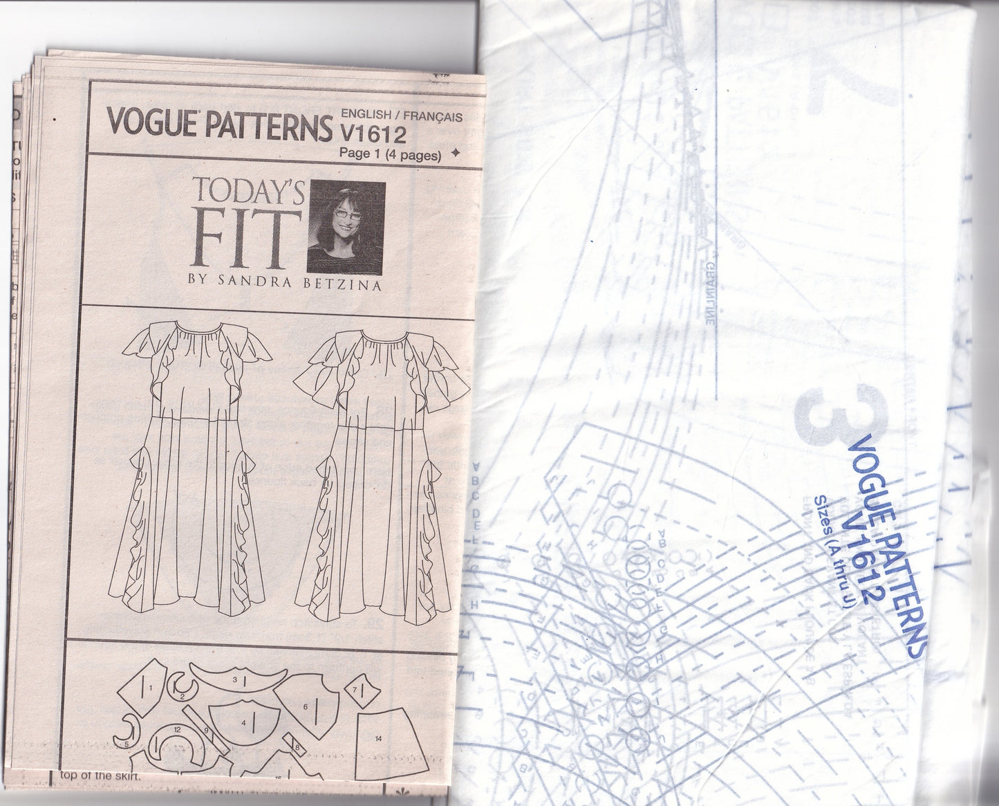 Vogue 1612 Today's Fit SANDRA BETZINA Womens Loose Fitting Dress with Flounced Skirt & Sleeves Out Of Print Paper Sewing Pattern Bust 32 - 55 inches UNCUT Factory Folded