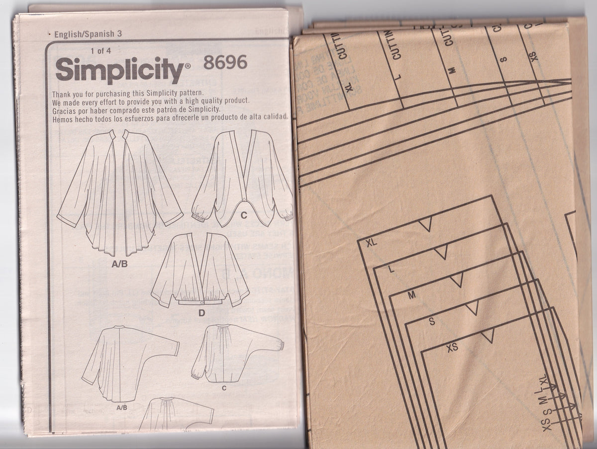 Simplicity 8696 Womens Kimono Jackets Out Of Print Paper Sewing Pattern Sizes XS - XL UNCUT Factory Folded