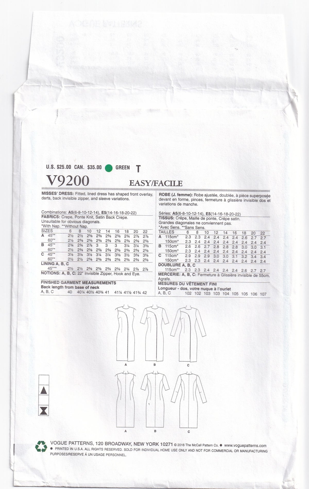 Vogue 9200 Womens Lined Dresses with Asymmetric Front Overlay Out Of Print Paper Sewing Pattern Size 6 - 14 UNCUT Factory Folded