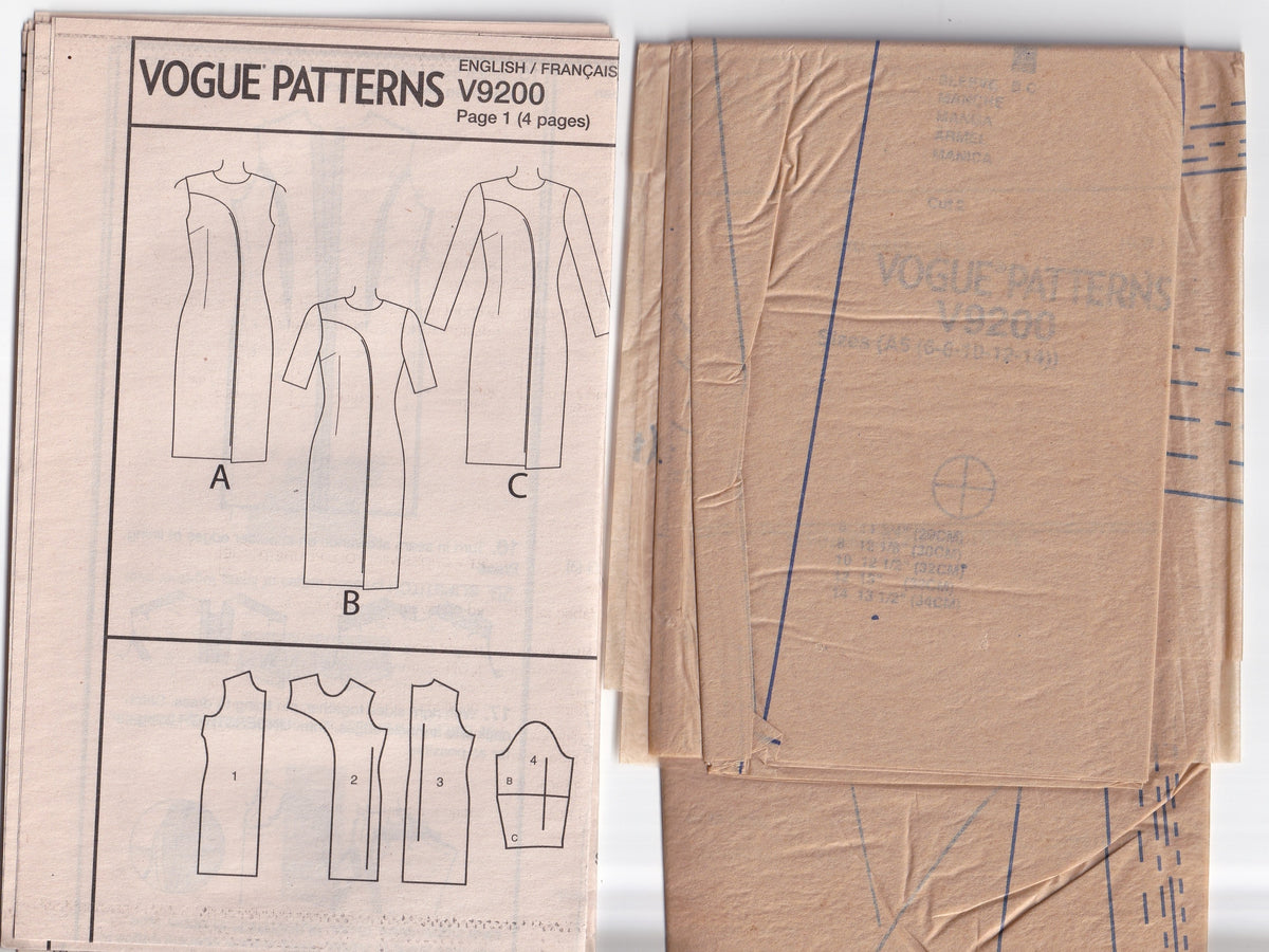 Vogue 9200 Womens Lined Dresses with Asymmetric Front Overlay Out Of Print Paper Sewing Pattern Size 6 - 14 UNCUT Factory Folded