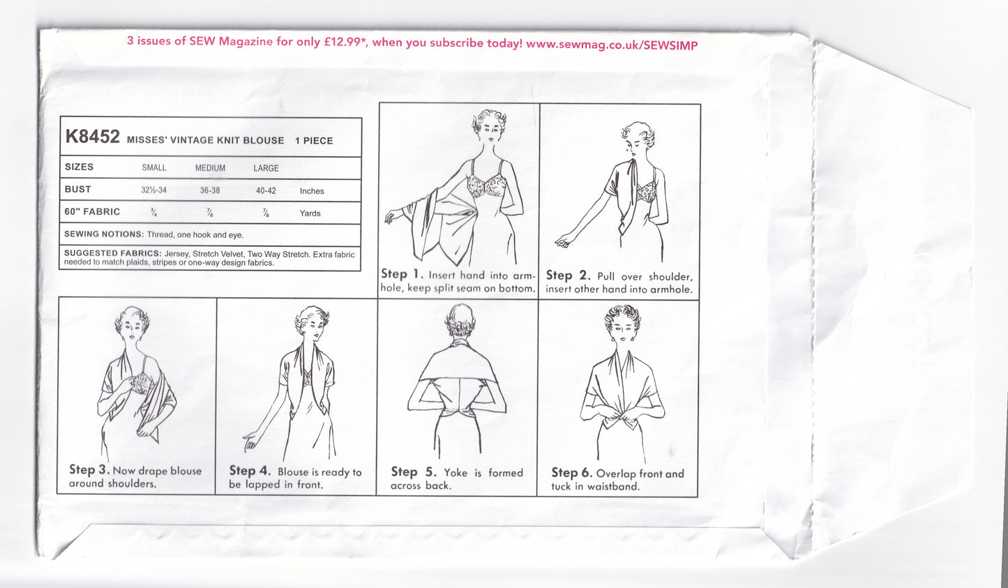 Simplicity 8452 Womens Reissued 1950s Knit Wrap Top Sewing Pattern Size 10 - 20 UNCUT Factory Folded