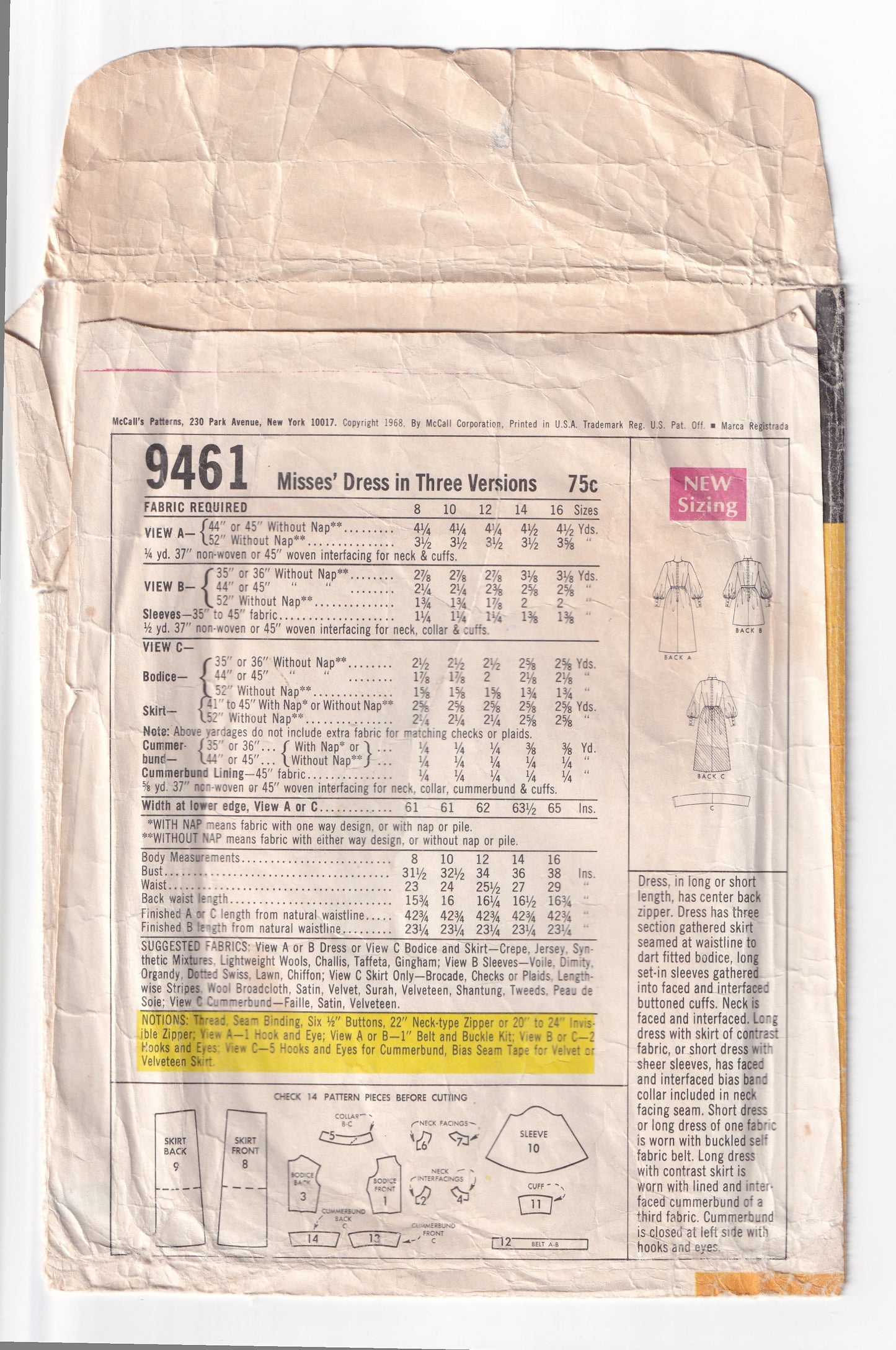 McCall's 9461 Womens Big Sheer Sleeved Evening Dress & Cummerbund 1960s Vintage Sewing Pattern Bust 34 - 36 Inches