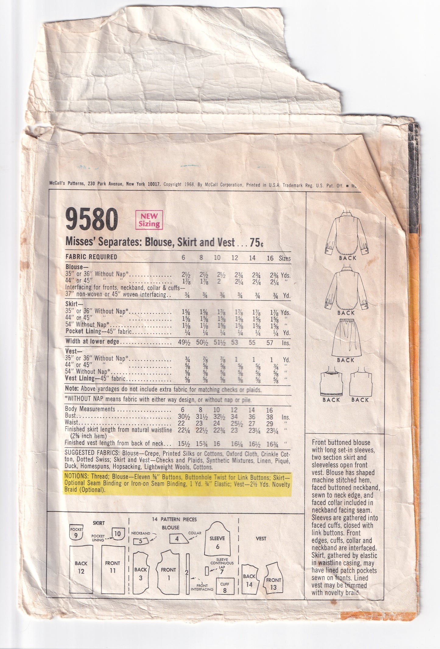 McCall's 9580 Womens Wide Collar Blouse Bolero Vest & Skirt 1960s Vintage Sewing Pattern Size 10 Bust 32.5 Inches