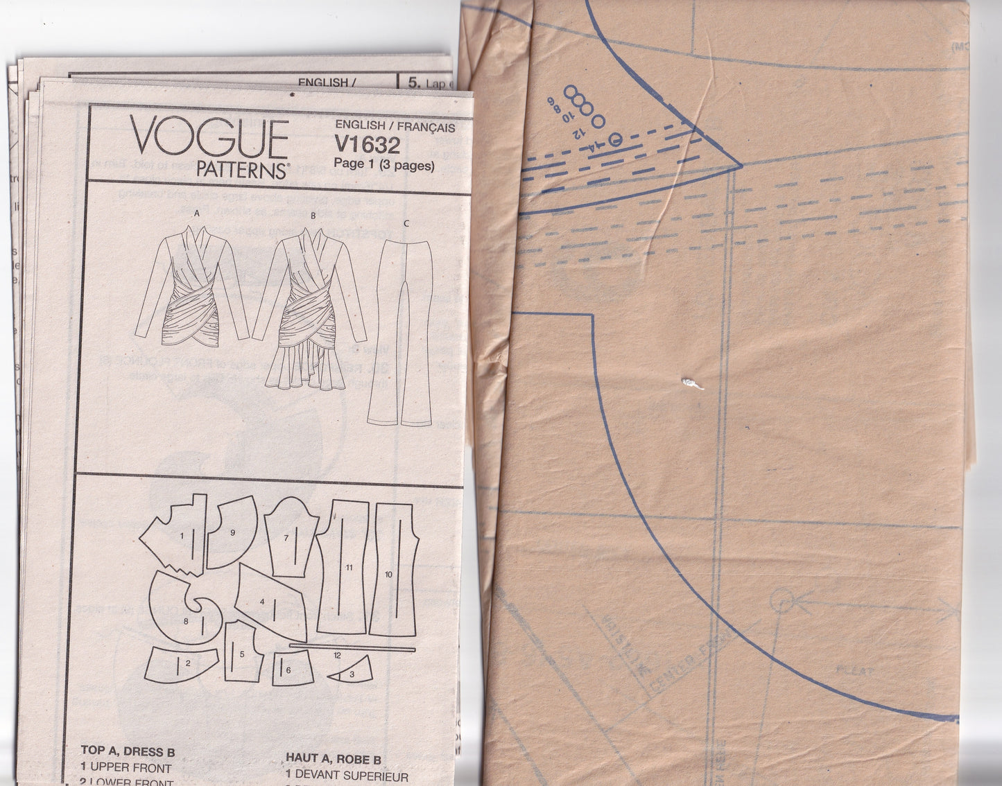 Vogue 1632 Womens Draped Evening Dress Top & Bell Bottom Pants for 2 Way Stretch Knits Out Of Print Paper Sewing Pattern Sizes 6 - 14 UNCUT Factory Folded