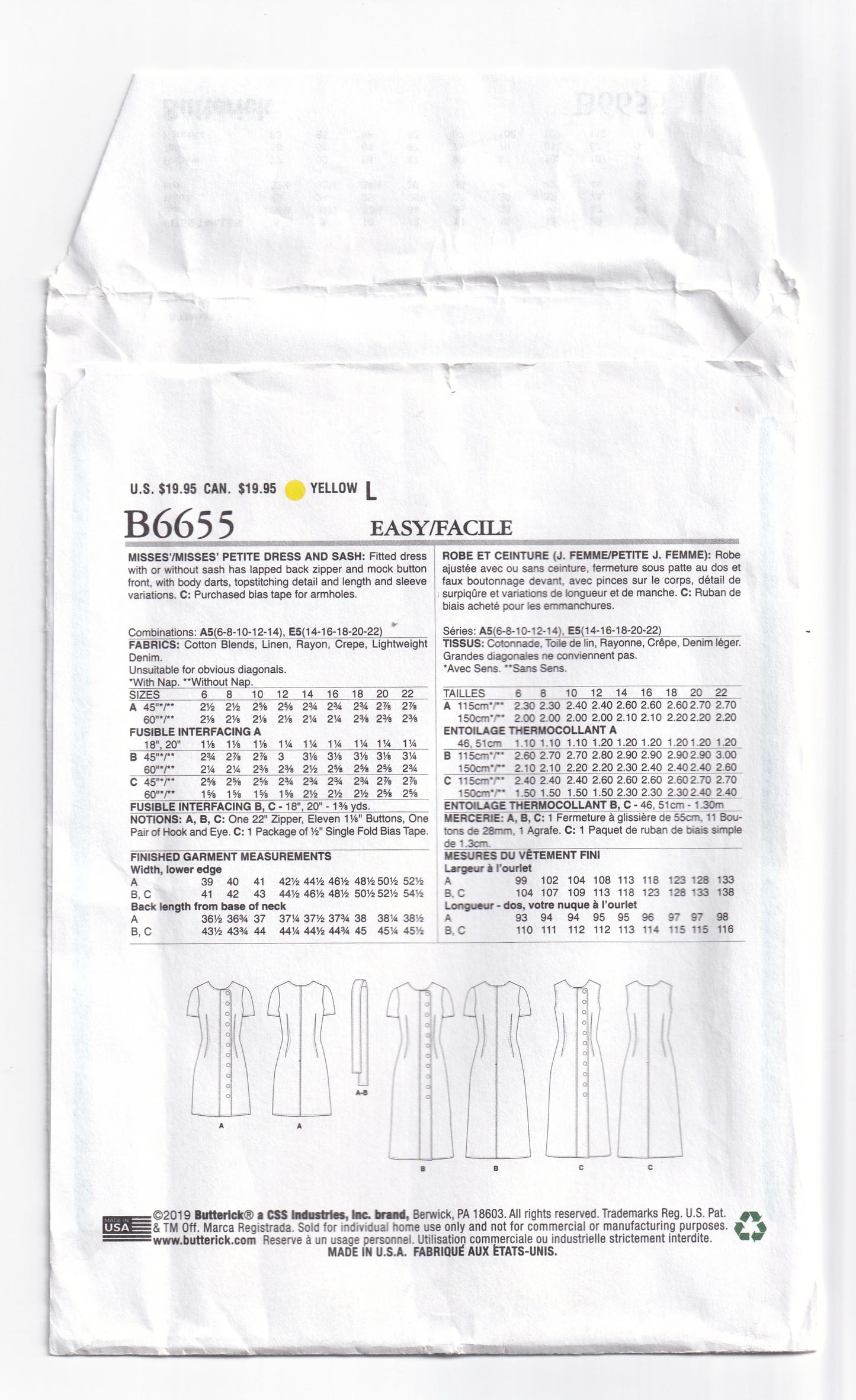 Butterick 6655 Womens Asymmetric Buttoned Dress & Sash Out Of Print Paper Sewing Pattern Sizes 14 - 22 UNCUT Factory Folded