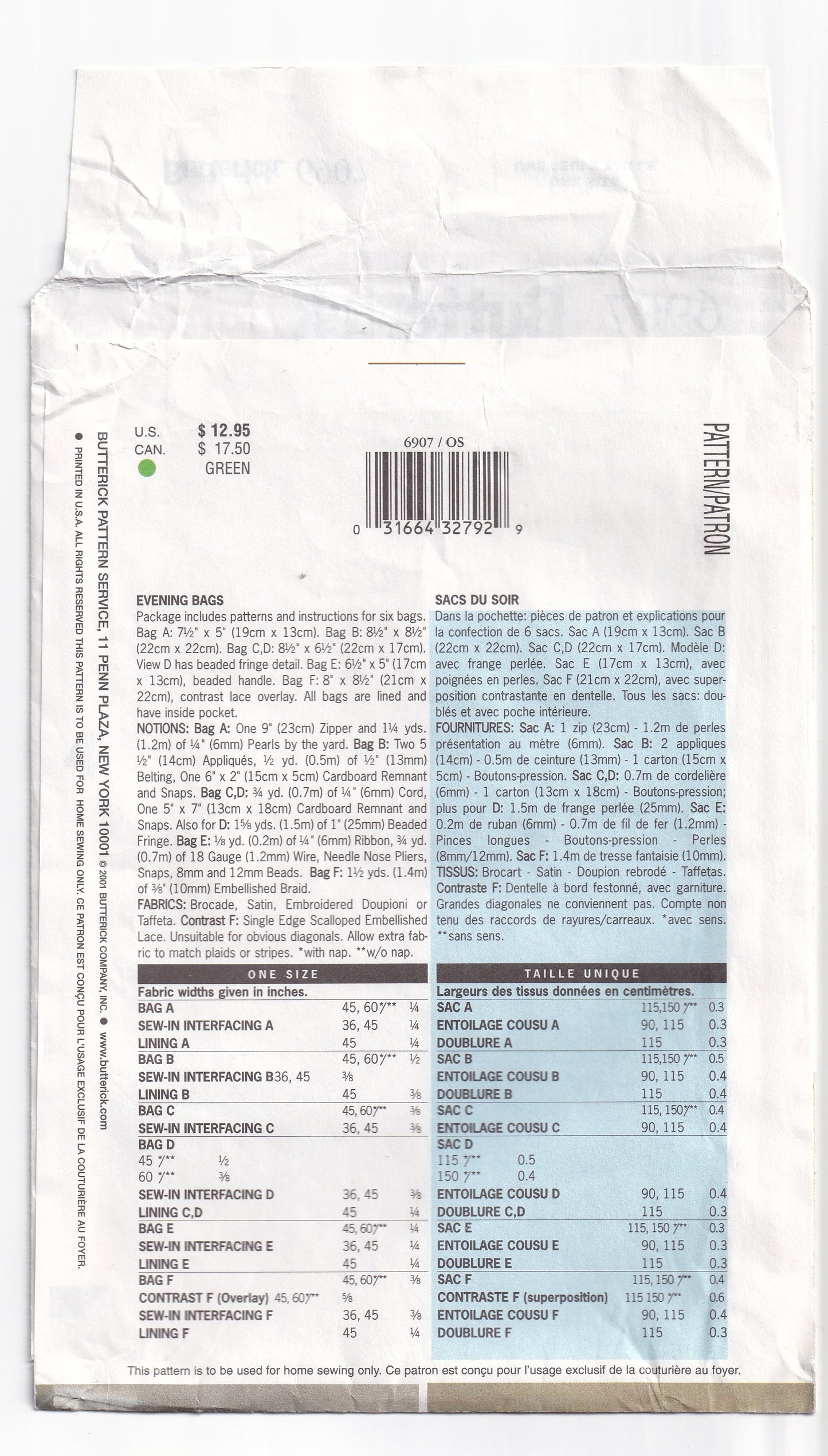 Butterick 6907 Womens Evening Purses Out Of Print Paper Sewing Pattern UNCUT Factory Folded