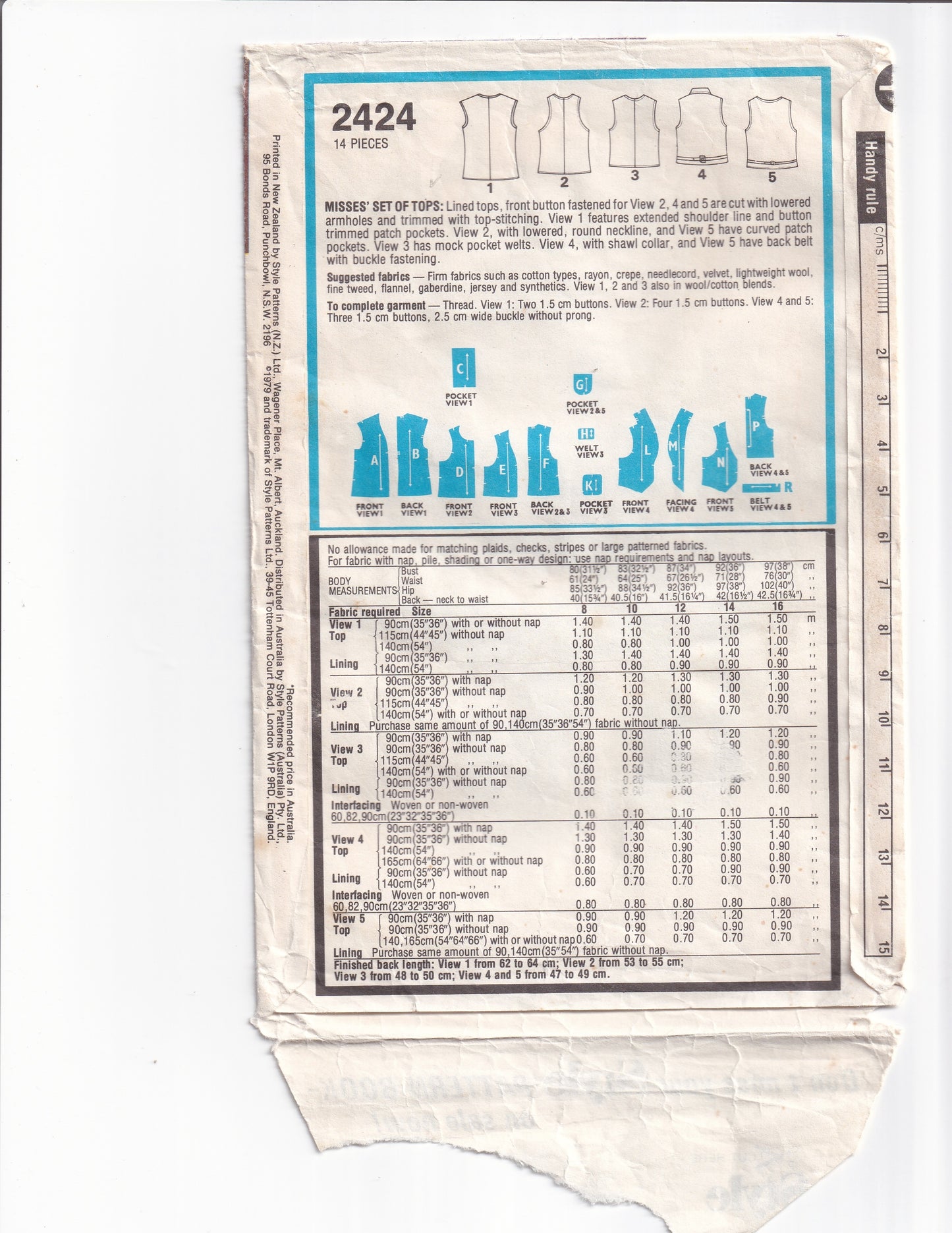 Style 2424 Womens Waistcoats & Vest Tops 1970s Vintage Paper Sewing Pattern Size 12 Bust 34 inches