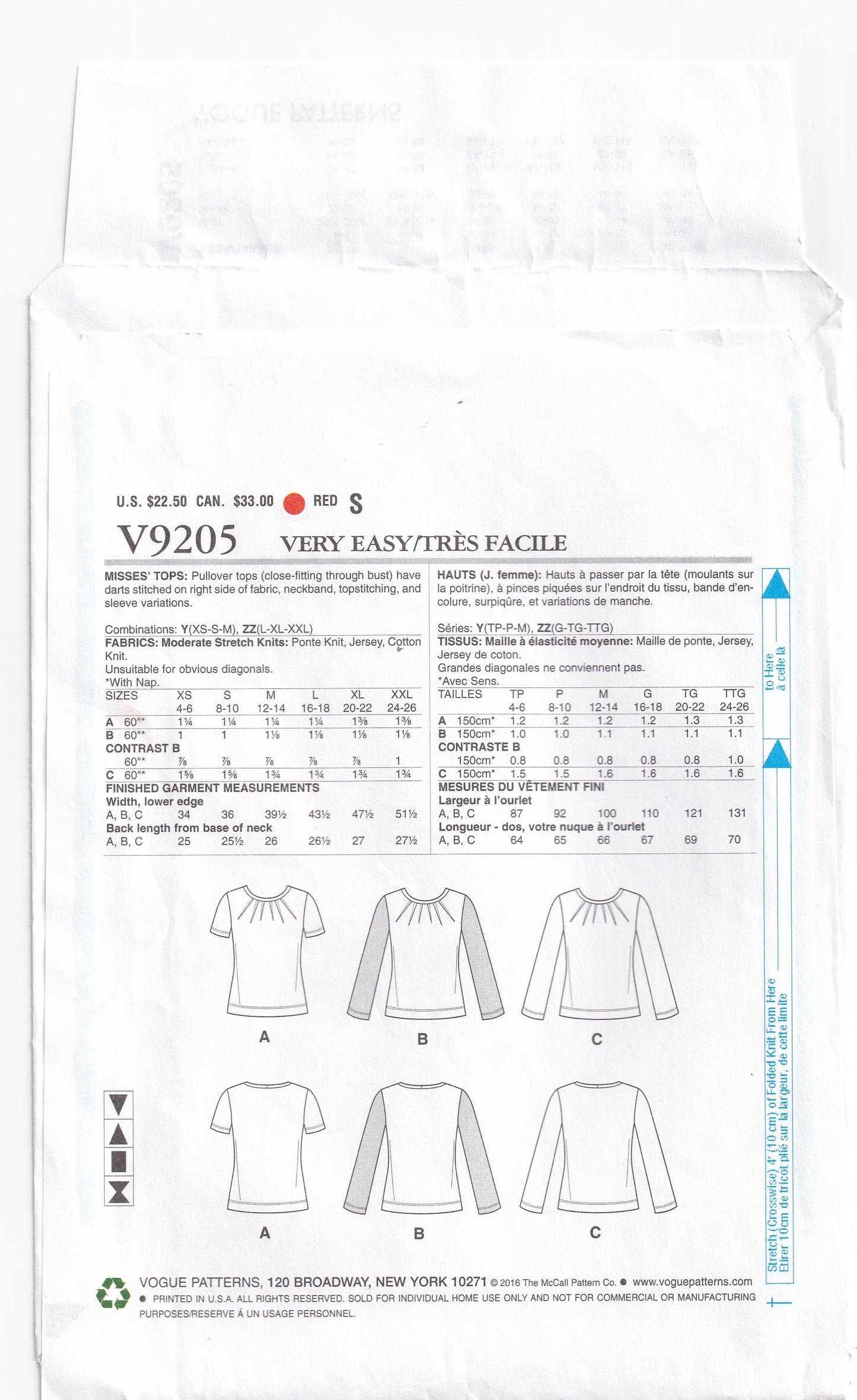 Vogue 9205 Womens Stretch Knit Tops with External Darts Out Of Print Paper Sewing Pattern Size L - XXL UNCUT Factory Folded