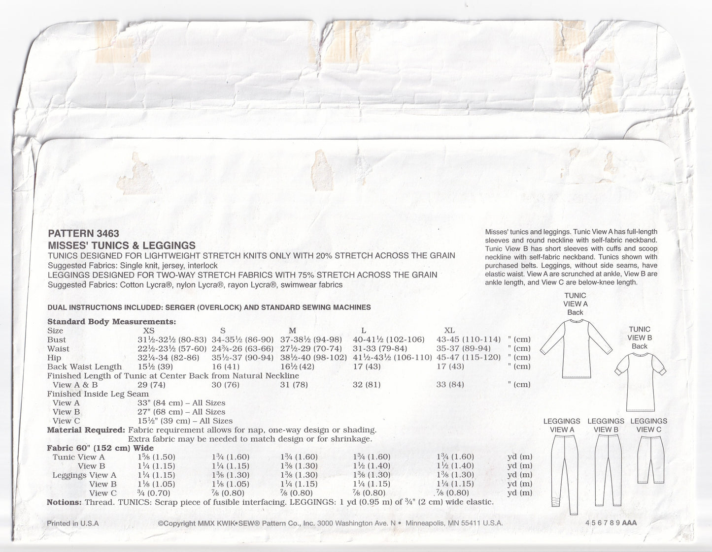 Kwik Sew 3463 Womens Stretch Knit Tunic Tops & Leggings Out Of Print Paper Sewing Pattern Size XS - XL UNCUT Factory Folded