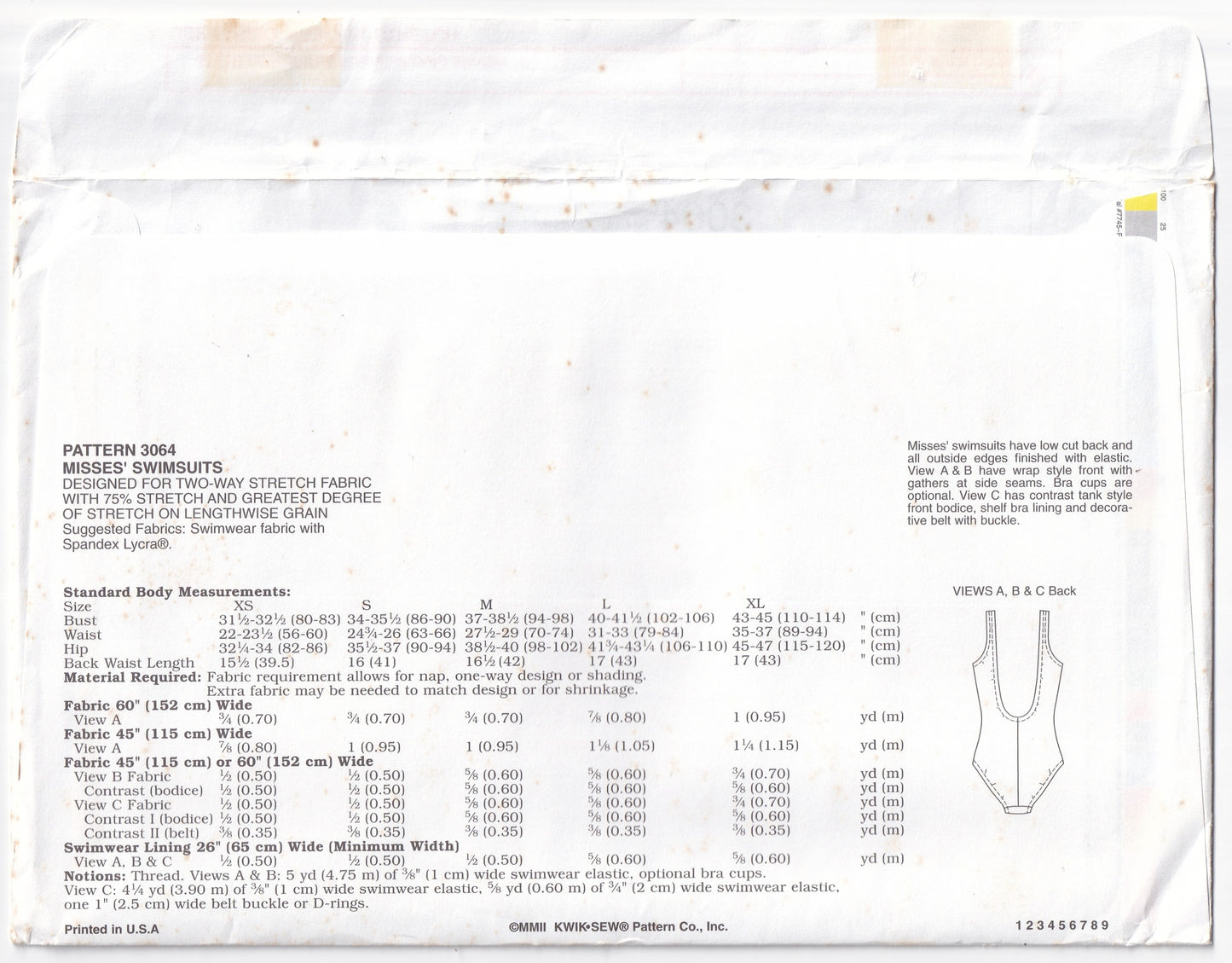 Kwik Sew 3064 Womens One Piece Low Back Swimsuits Out Of Print Paper Sewing Pattern Size XS - XL UNCUT Factory Folded