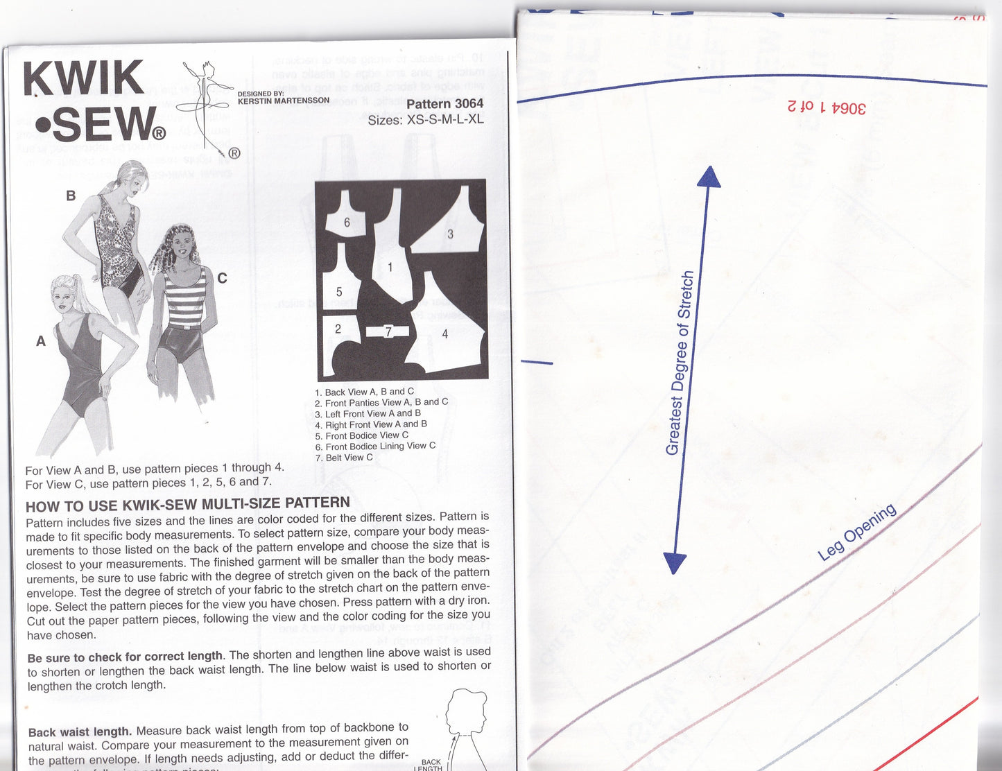 Kwik Sew 3064 Womens One Piece Low Back Swimsuits Out Of Print Paper Sewing Pattern Size XS - XL UNCUT Factory Folded
