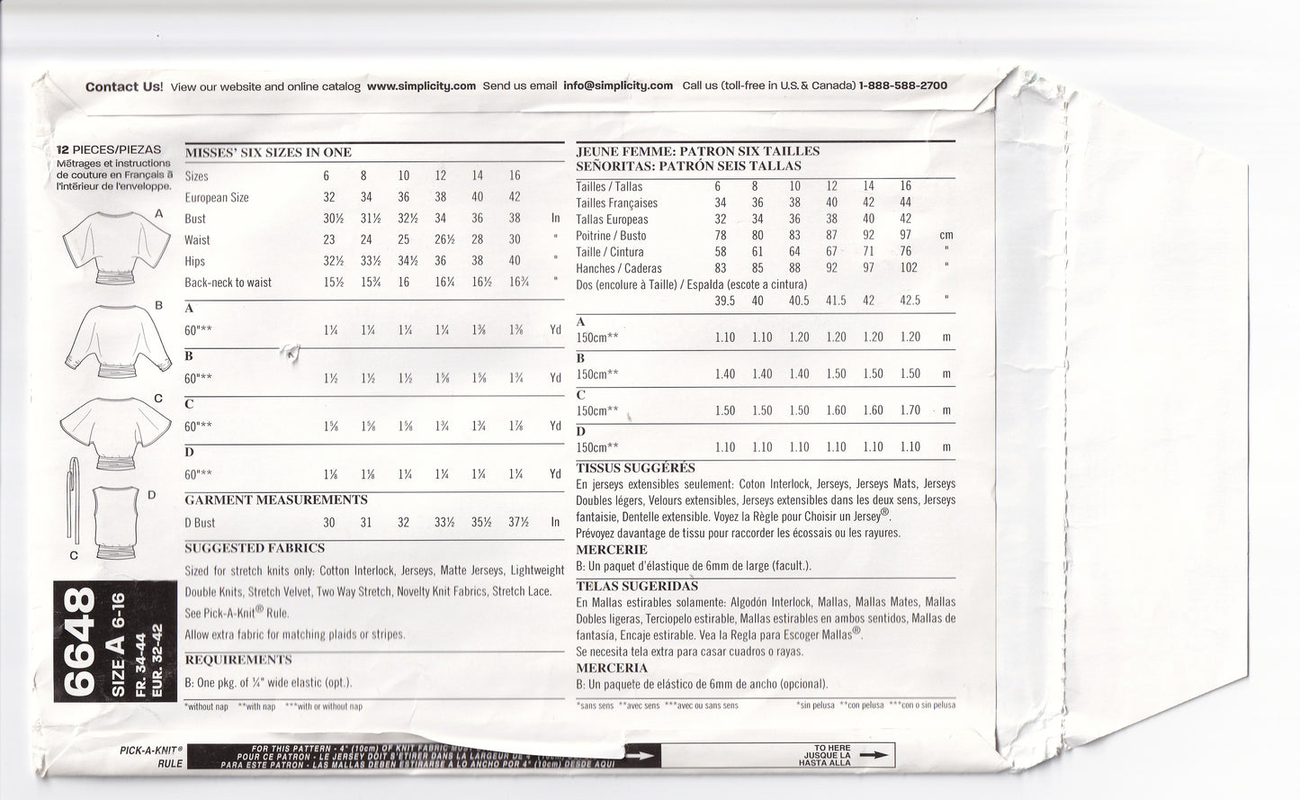 New Look 6648 Womens Stretch Knit Tops Out Of Print Sewing Pattern Size 6 - 16 UNCUT Factory Folded