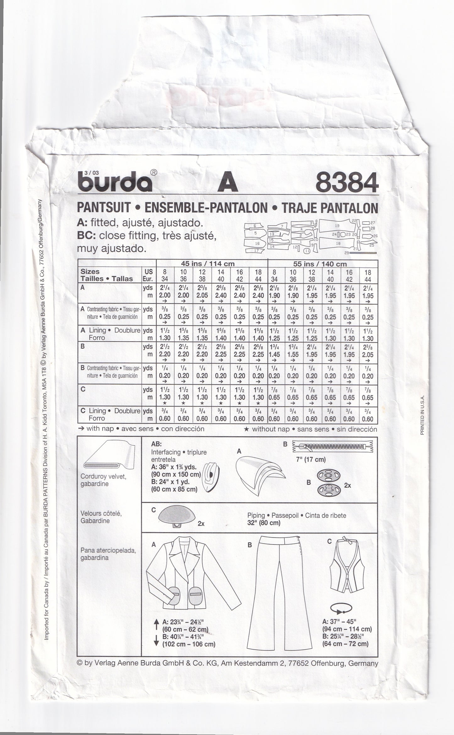 Burda Young 8384 Womens Pantsuit Jacket Halter Vest & Hipster Pants Out Of Print Paper Sewing Pattern Sizes 8 - 18 UNCUT Factory Folded