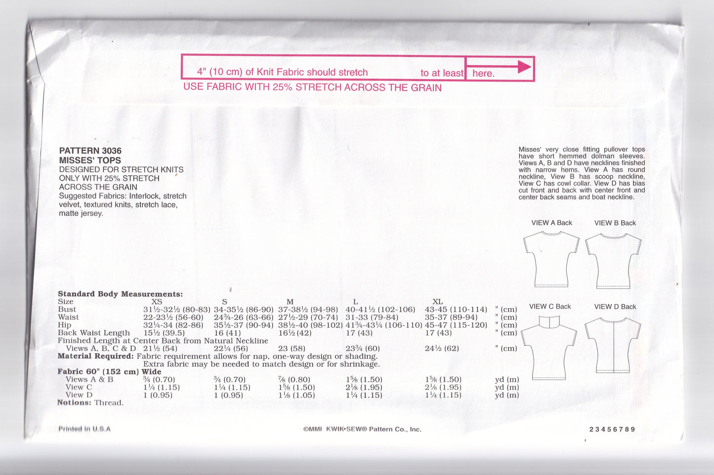 Kwik Sew 3036 Womens EASY Stretch T Shirt Tops Out Of Print Paper Sewing Pattern Size XS - XL UNCUT Factory Folded