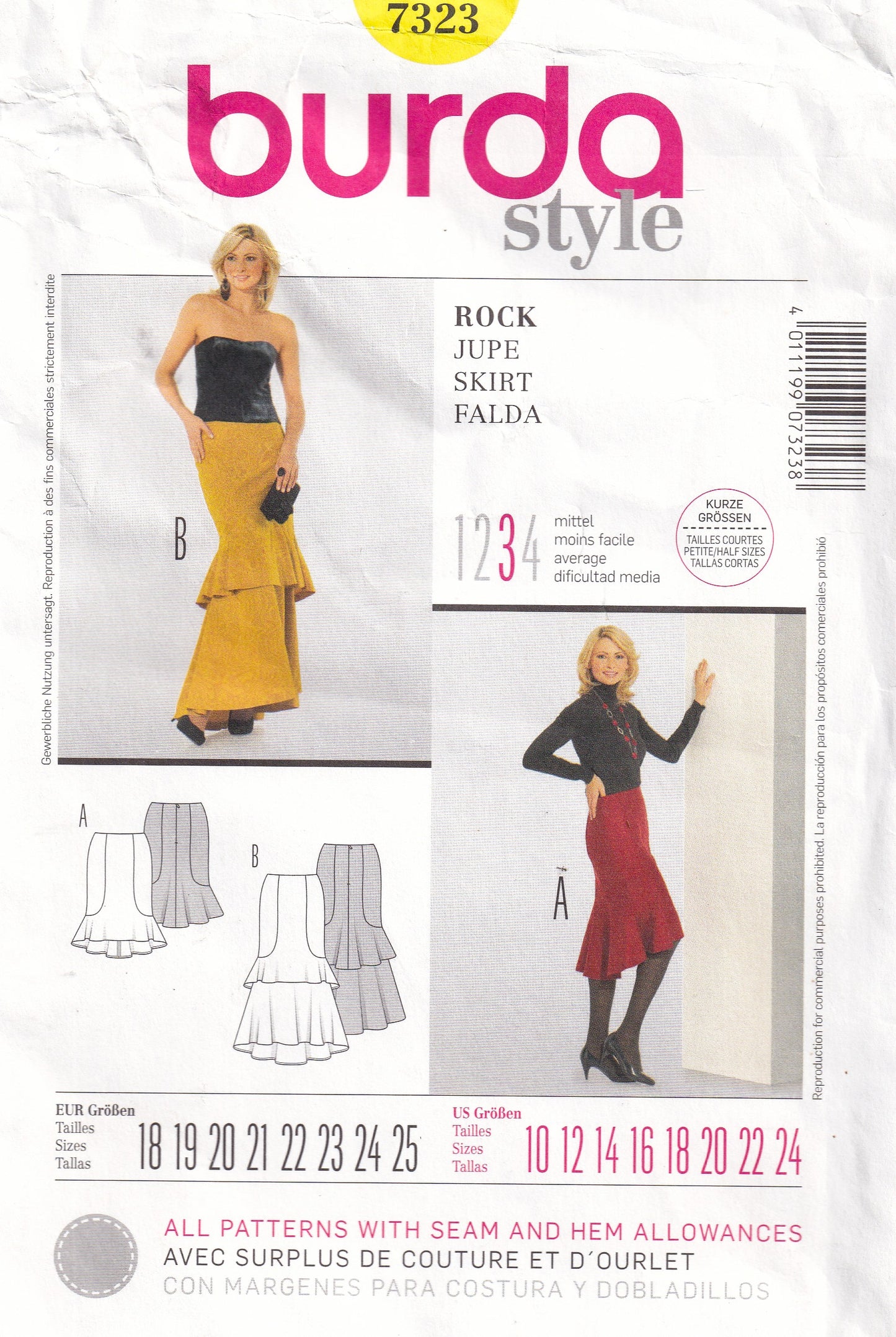 Burda 7323 Womens Side Panelled Ruffled Skirt with Optional Tiers Out Of Print Paper Sewing Pattern Sizes 8 - 18 UNCUT Factory Folded