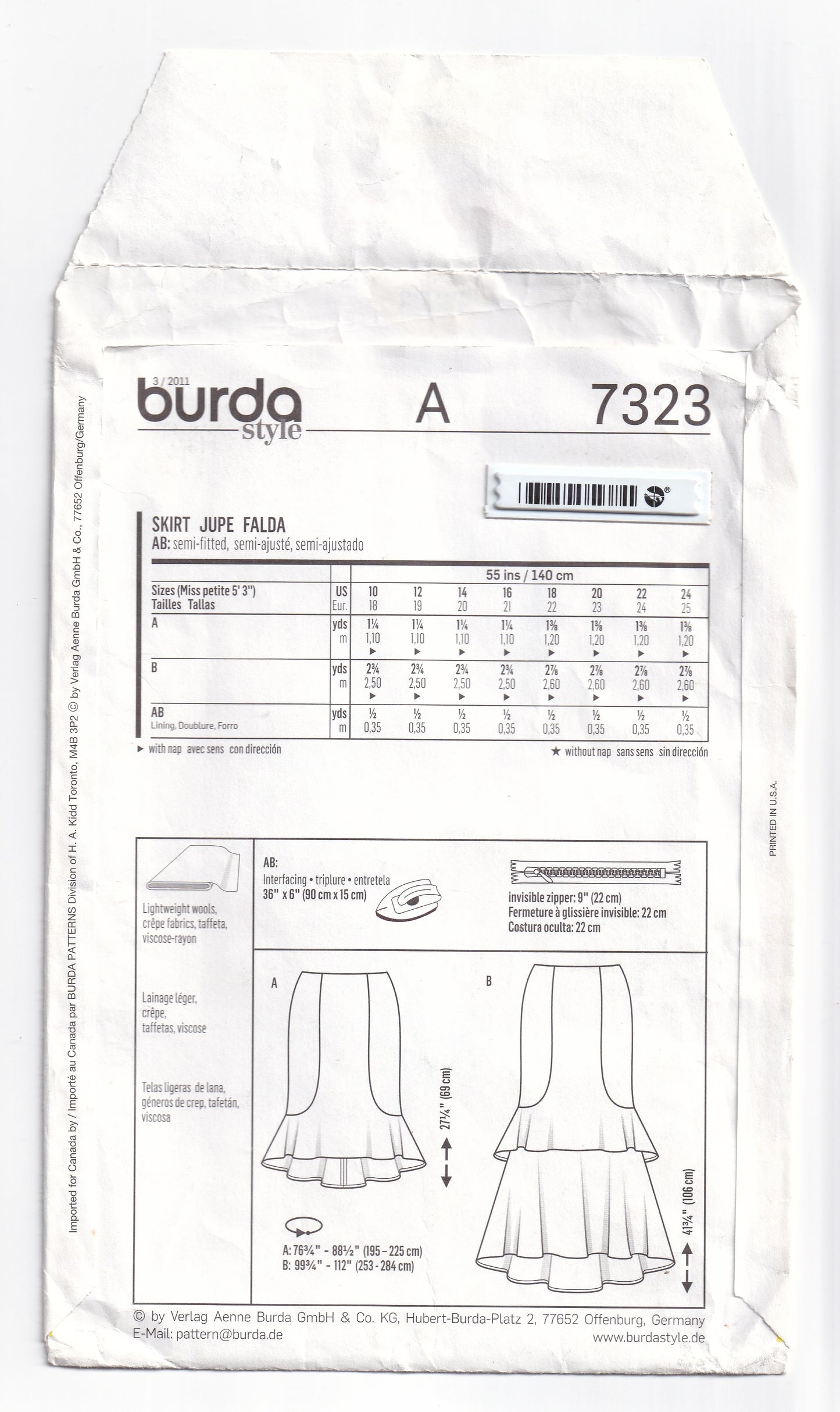 Burda 7323 Womens Side Panelled Ruffled Skirt with Optional Tiers Out Of Print Paper Sewing Pattern Sizes 8 - 18 UNCUT Factory Folded