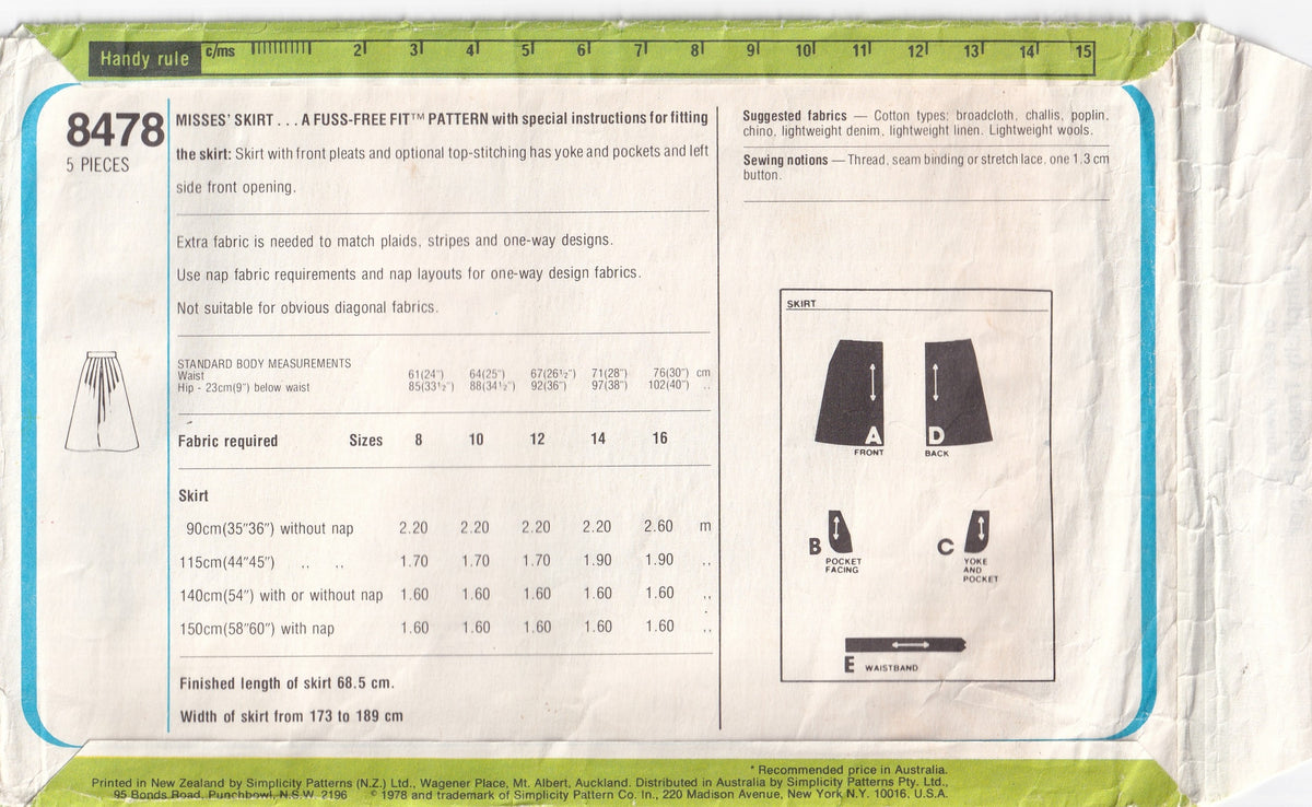 Simplicity 8478 Womens Pleated Skirt with Pockets 1970s Vintage Paper Sewing Pattern Size 12 Waist 26.5 Inches