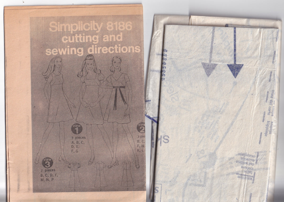 Simplicity 8186 Womens Empire Waisted Dress with 3 Necklines 1960s Vintage Paper Sewing Pattern Size 14 Bust 36 Inches
