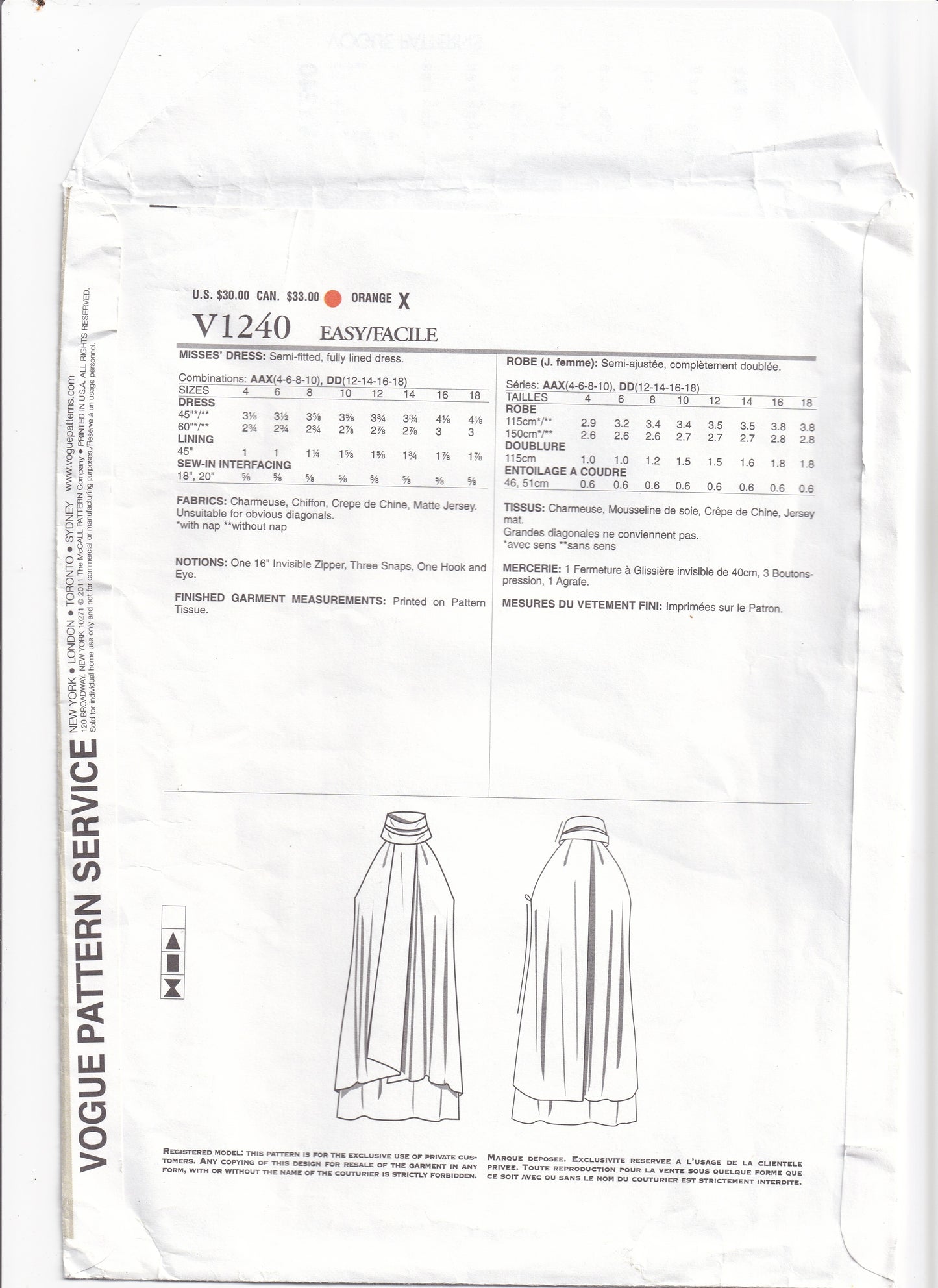 Vogue Paris Original 1240 GUY LAROCHE Womens Lined Evening Go Go Style Dress with High Neckline Out Of Print Paper Sewing Pattern Size 4 - 10 UNCUT Factory Folded