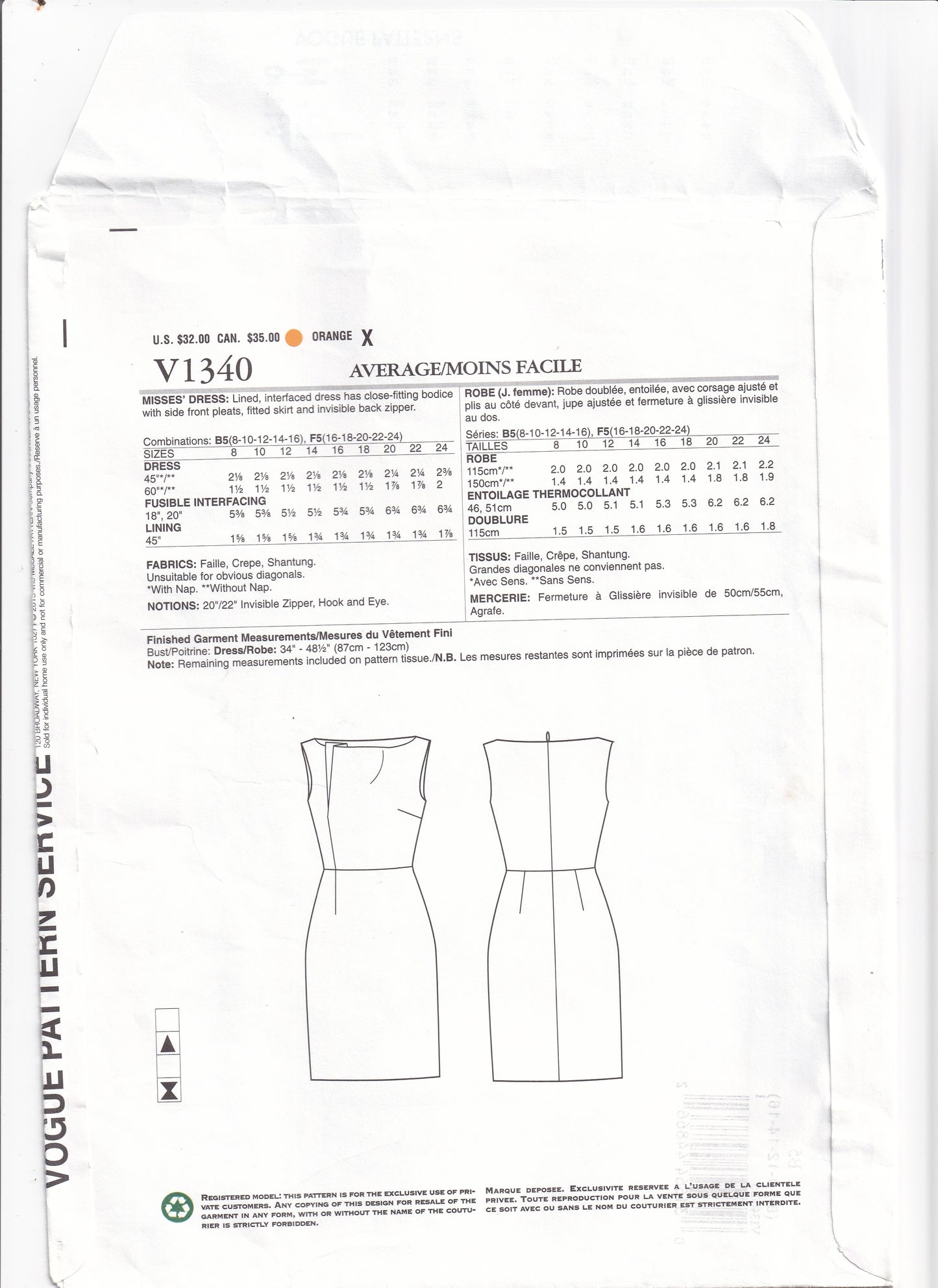 Vogue American Designer 1340 PAMELLA ROLAND Womens Couture Evening Sheath Dress with Pleated Neckline Out Of Print Paper Sewing Pattern Size 8 - 16 UNCUT Factory Folded