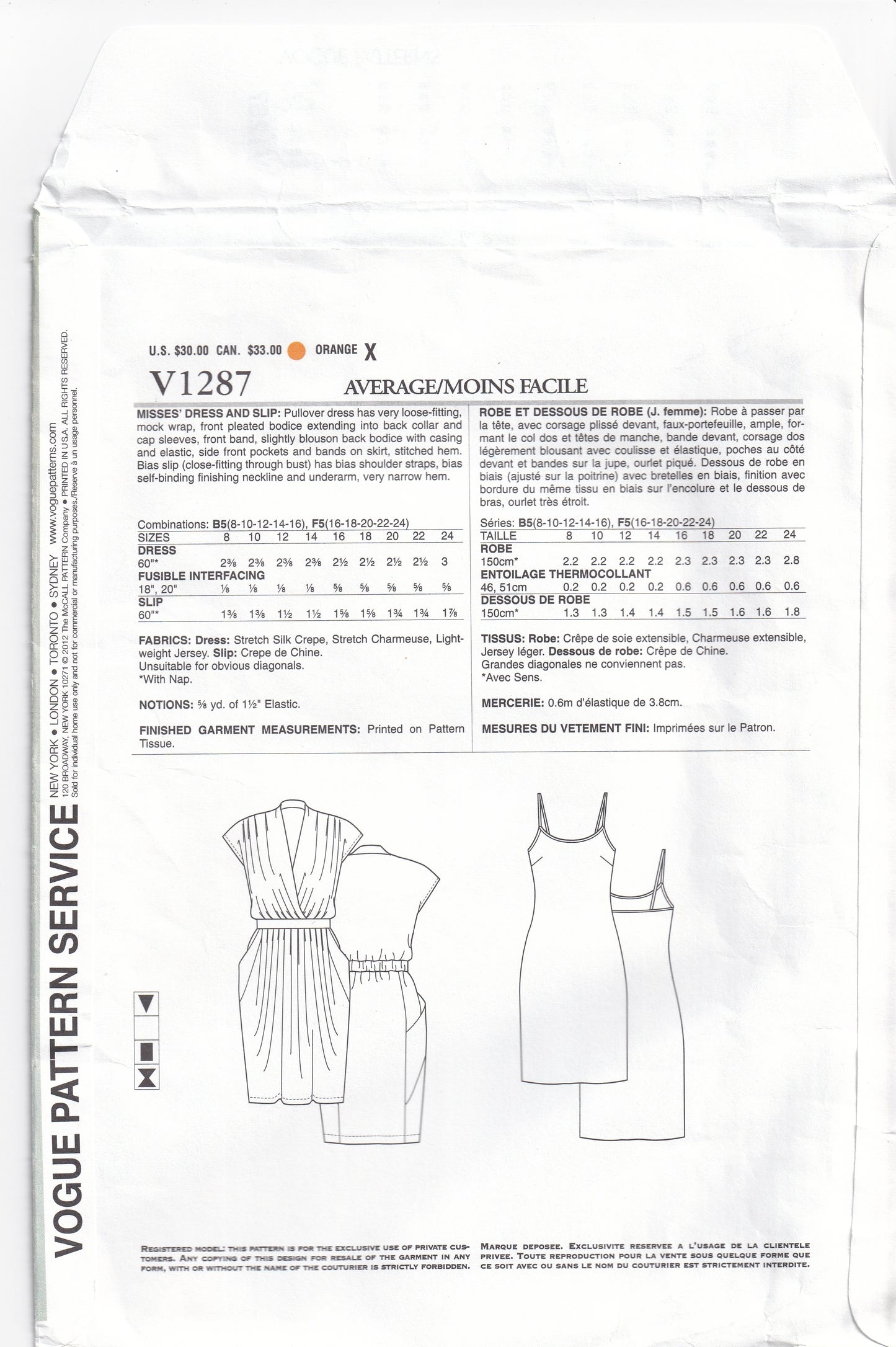 Vogue American Designer 1287 DKNY Womens Evening Pullover Dress & Bias Cut Slip Out Of Print Paper Sewing Pattern Size 8 - 16 UNCUT Factory Folded