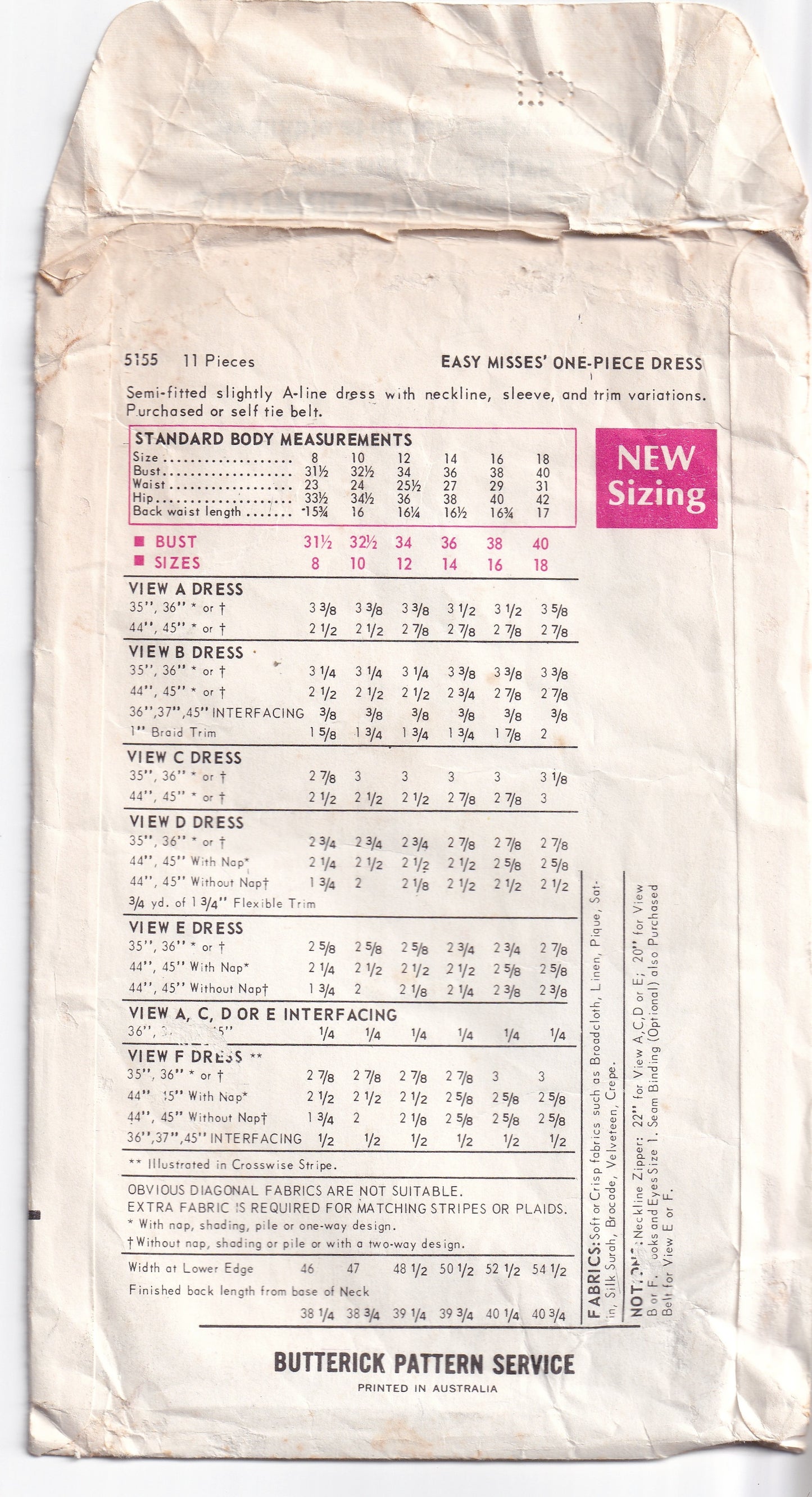 Butterick 5155 Womens Classic A Line Shift Dresses 1960s Vintage Paper Sewing Pattern Size 12 Bust 34 inches