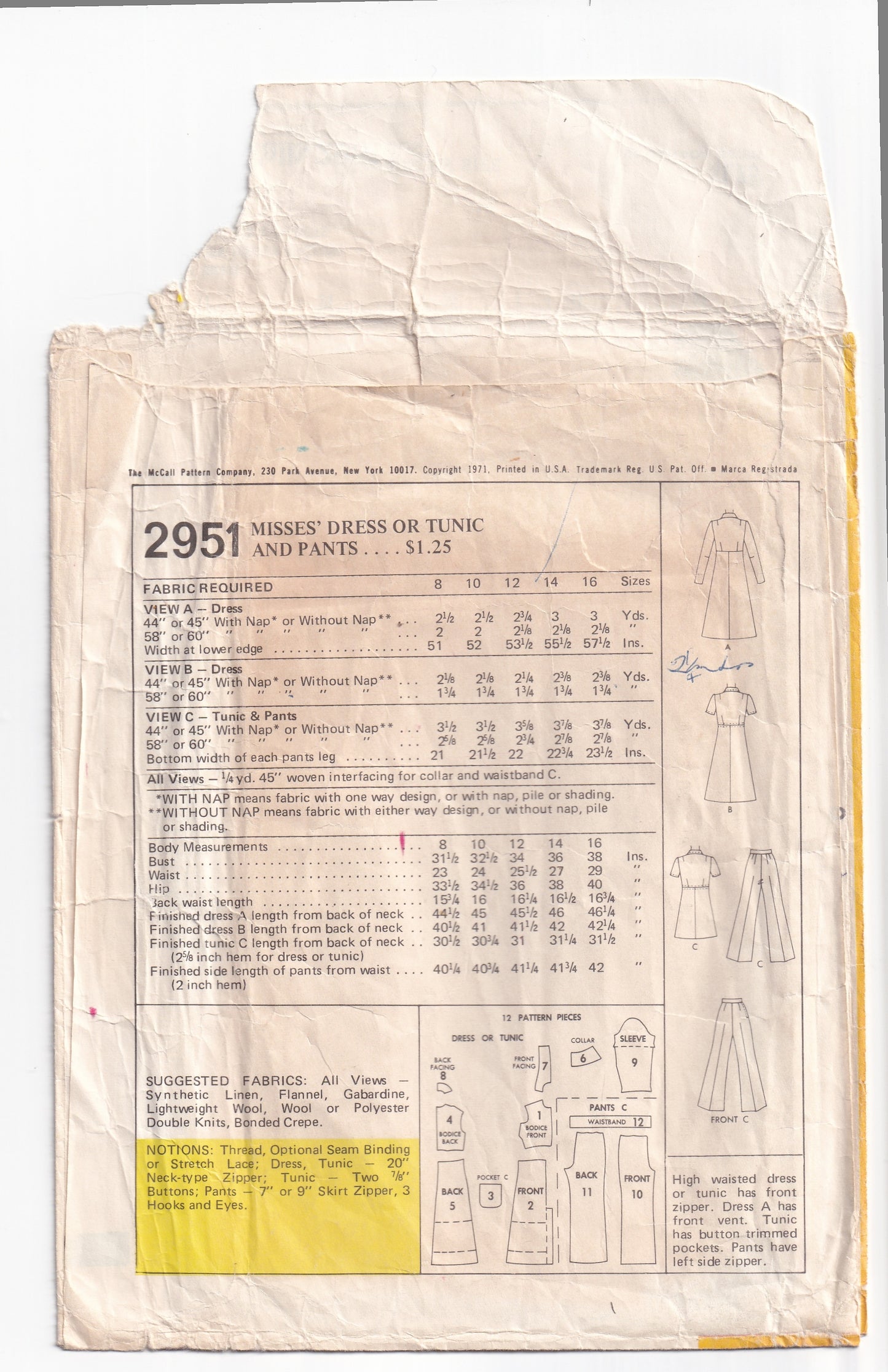 McCall's 2951 Womens High Waisted Zip Front Dress Tunic & Pants 1970s Vintage Paper Sewing Pattern Size 16 Bust 38 inches