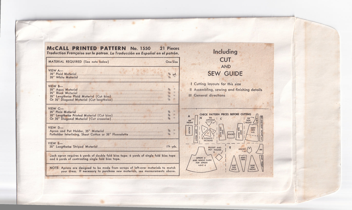 McCall's 1550 Womens Geometric Scrap Aprons 1950s Vintage Paper Sewing Pattern ONE SIZE