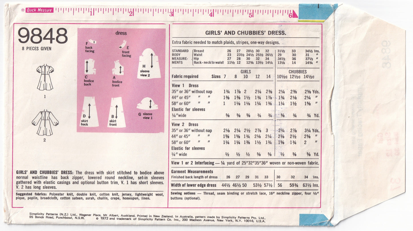 Simplicity 9848 Teen Girls High Waisted Puff Sleeved Dresses 1970s Vintage Paper Sewing Pattern Size 12