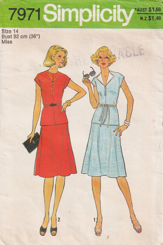 Simplicity 7971 Womens Cap Sleeved Top & Skirt 1970s Vintage Paper Sewing Pattern Size 14 Bust 36 inches