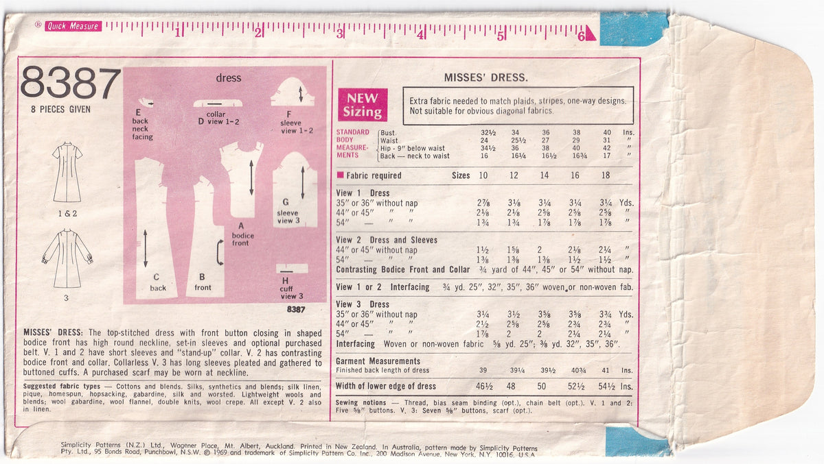 Simplicity 8387 Womens Dress with Front Buttoned Panel 1960s Vintage Paper Sewing Pattern Size 12 Bust 34 inches