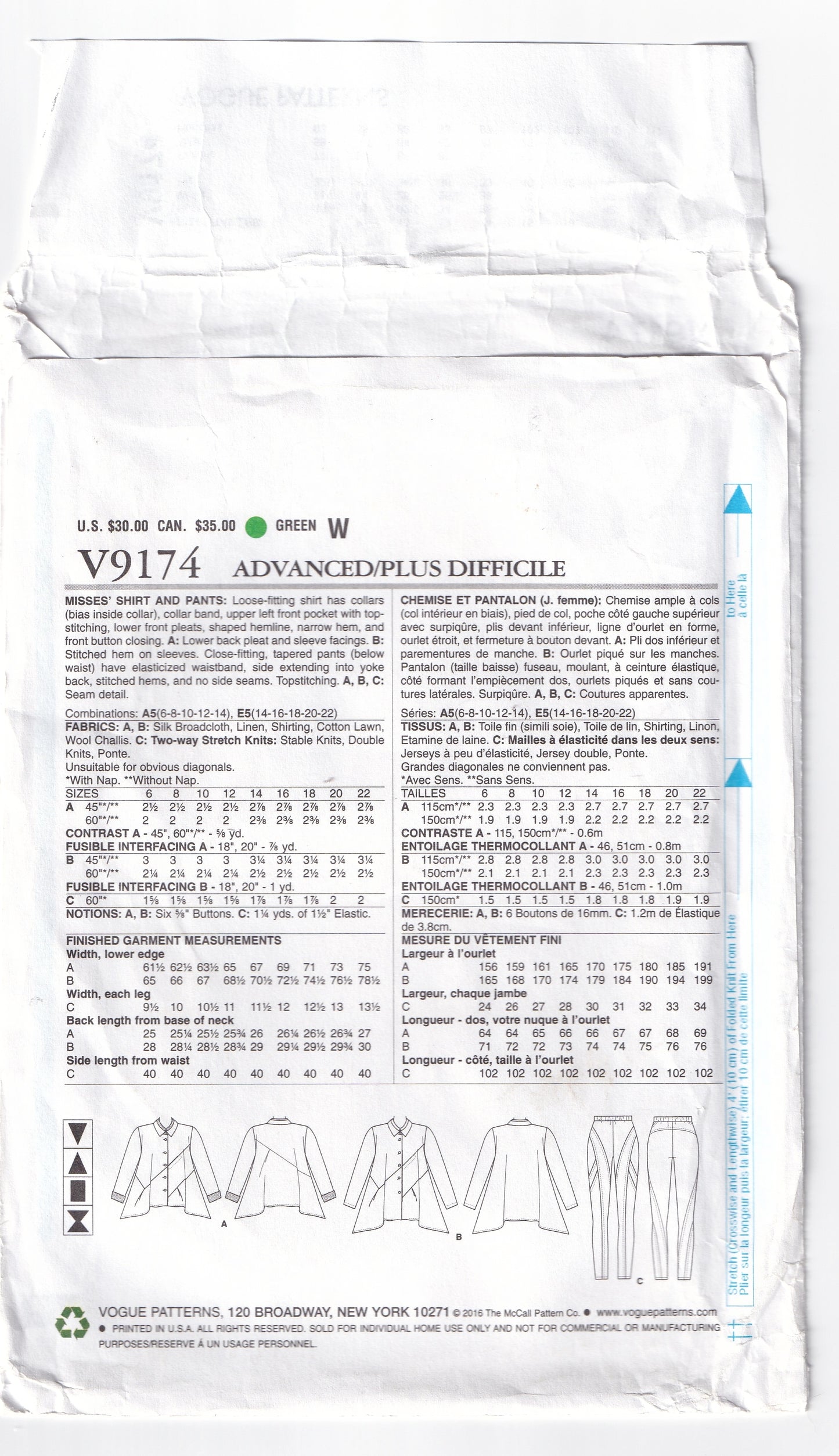 Vogue Designer Original 9174 MARCY TILTON Womens Back Pleated Shirt & Stretch Slim Pants Out Of Print Sewing Pattern Sizes 6 - 14 or 14 - 22 UNCUT Factory Folded
