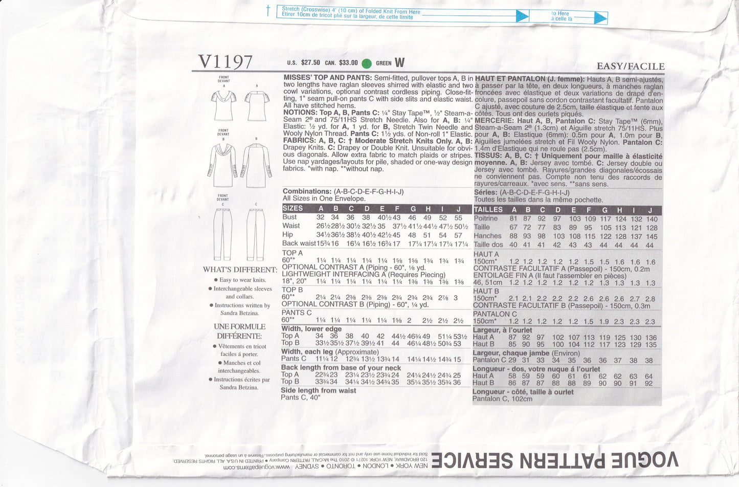 Vogue 1197 Today's Fit SANDRA BETZINA Womens Cowl Neck Stretch Knit Top Tunic & Pants Out Of Print Paper Sewing Pattern Bust 32 - 55 inches UNCUT Factory Folded