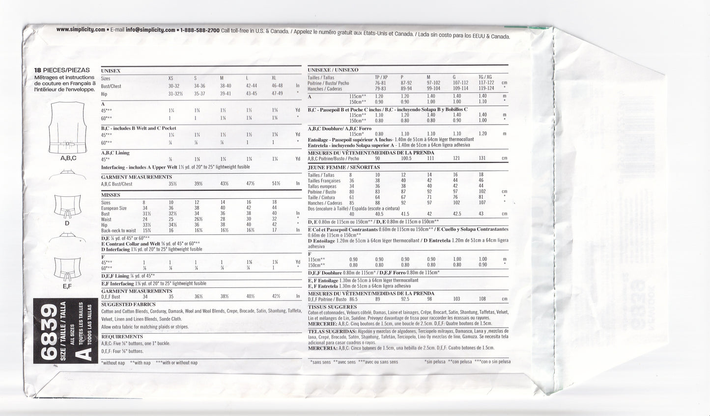 New Look 6839 Womens Mens UNISEX Vests & Halter Waistcoats Out Of Print Paper Sewing Pattern Size XS - XL UNCUT Factory Folded