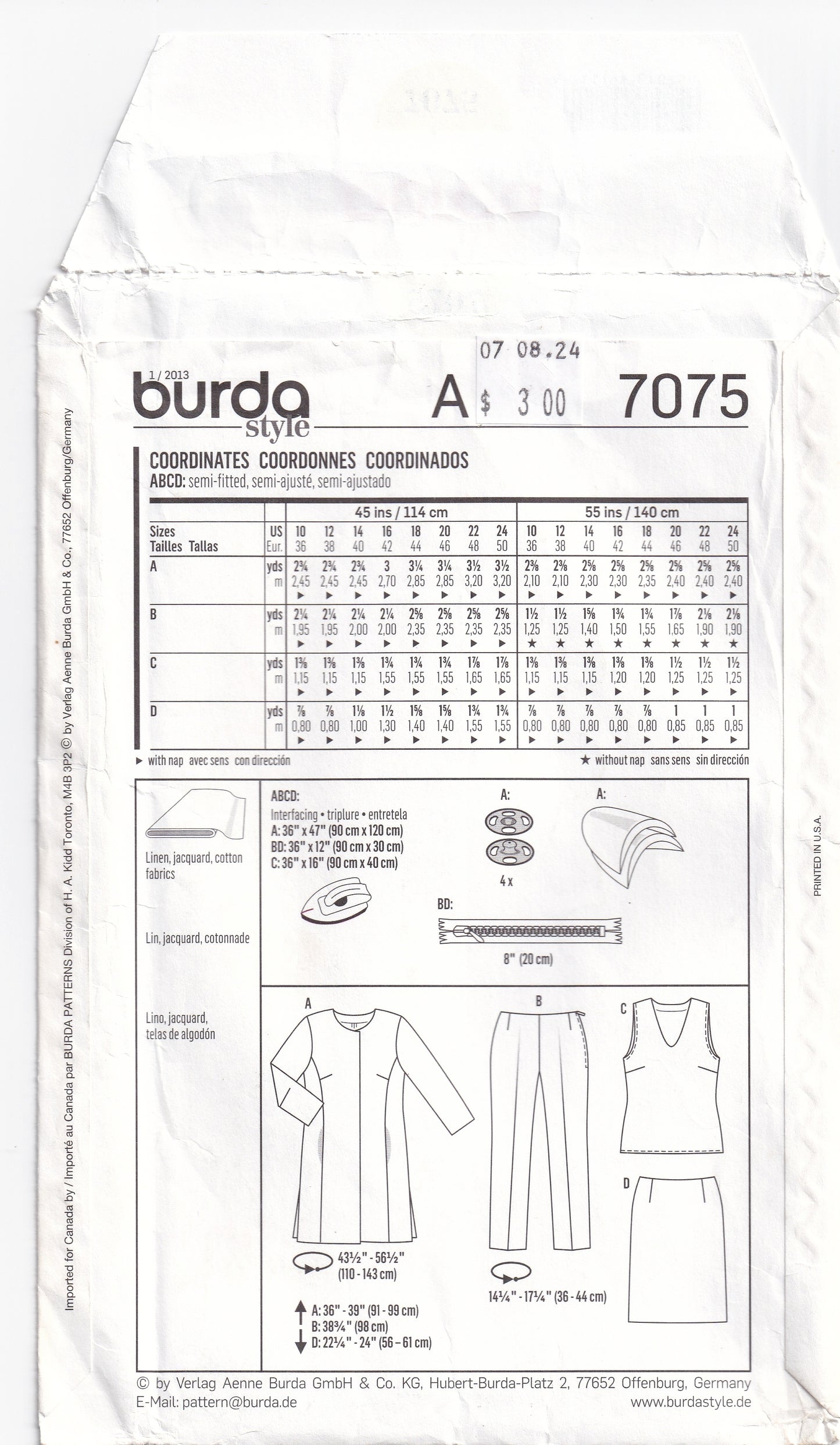Burda Style 7075 Womens Jacket Top Skirt & Hipster Pants Out Of Print Paper Sewing Pattern Sizes 10 - 24 UNCUT Factory Folded