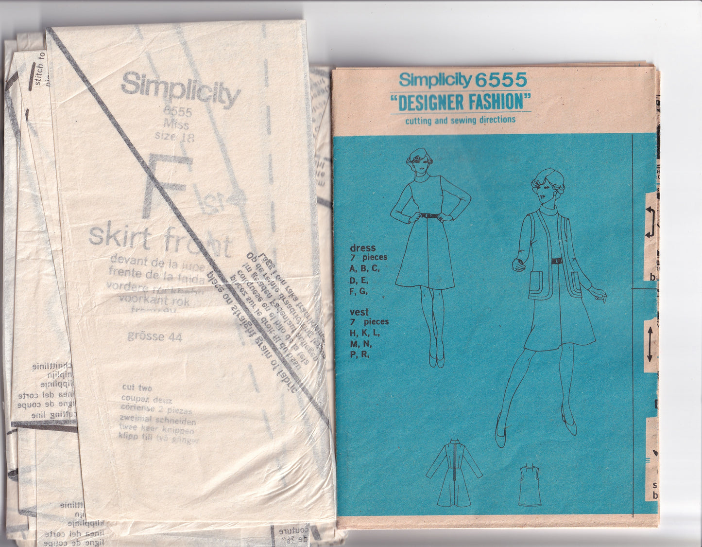Simplicity 6555 Designer Womens Stretch Knit Fitted Dress & Vest 1970s Vintage Paper Sewing Pattern Size 18 Bust 40 inches