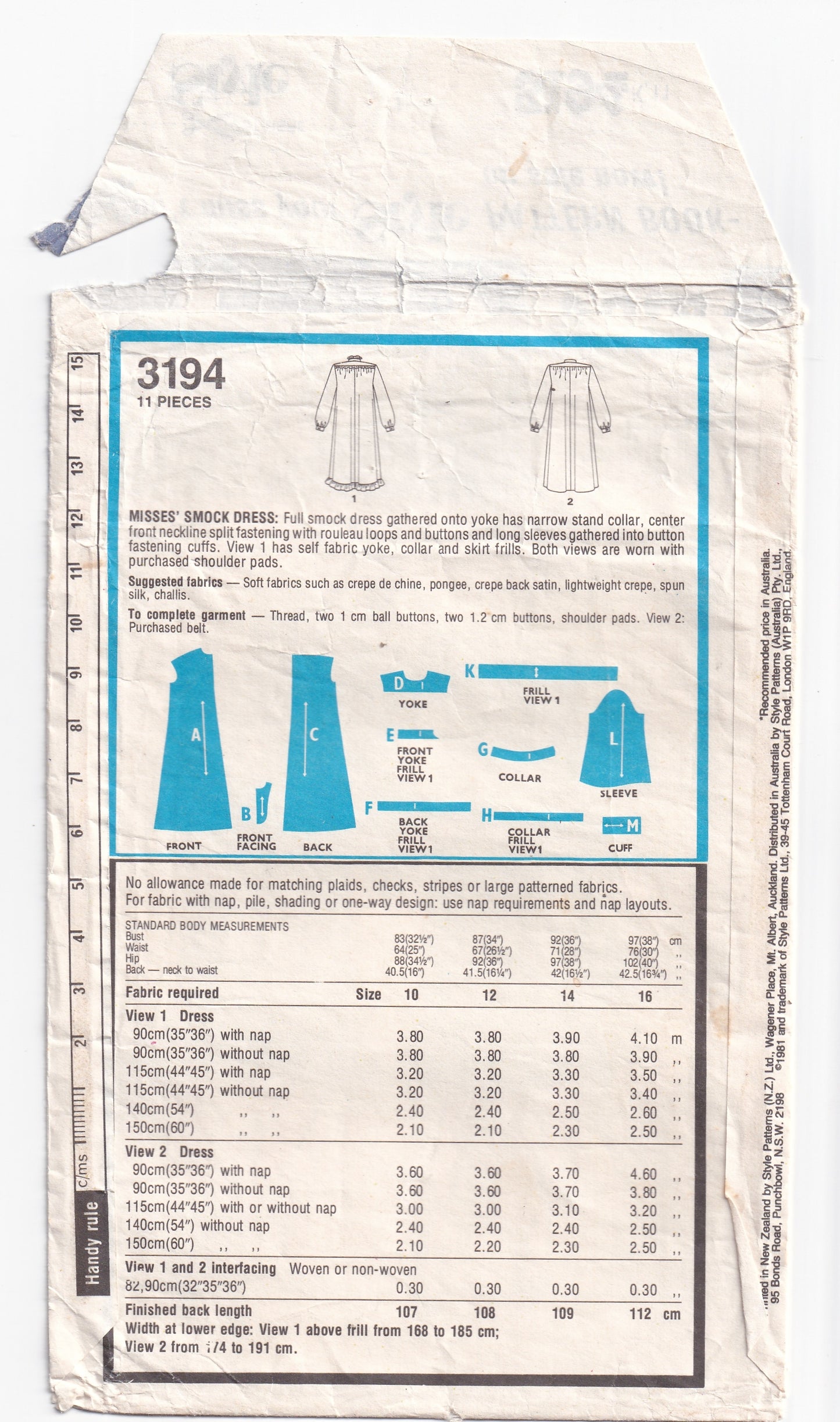 Style 3194 Womens Smock Dress with Collar 1980s Vintage Paper Sewing Pattern Size 12 Bust 34 inches