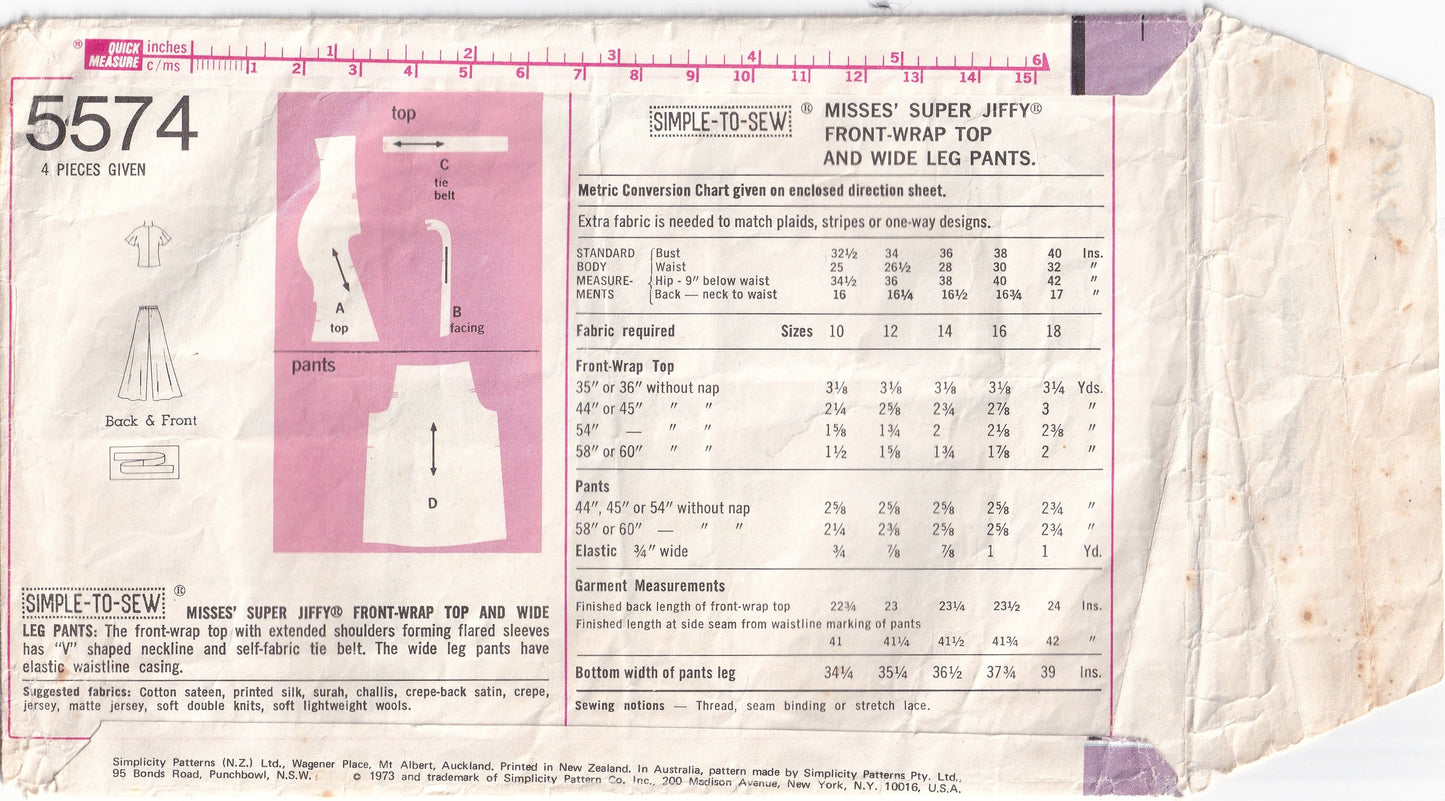 Simplicity 5574 Womens JIFFY Flutter Sleeved Wrap Top Skirt & Wide Leg Flared Pants 1970s Vintage Paper Sewing Pattern Size 14 Bust 36 inches