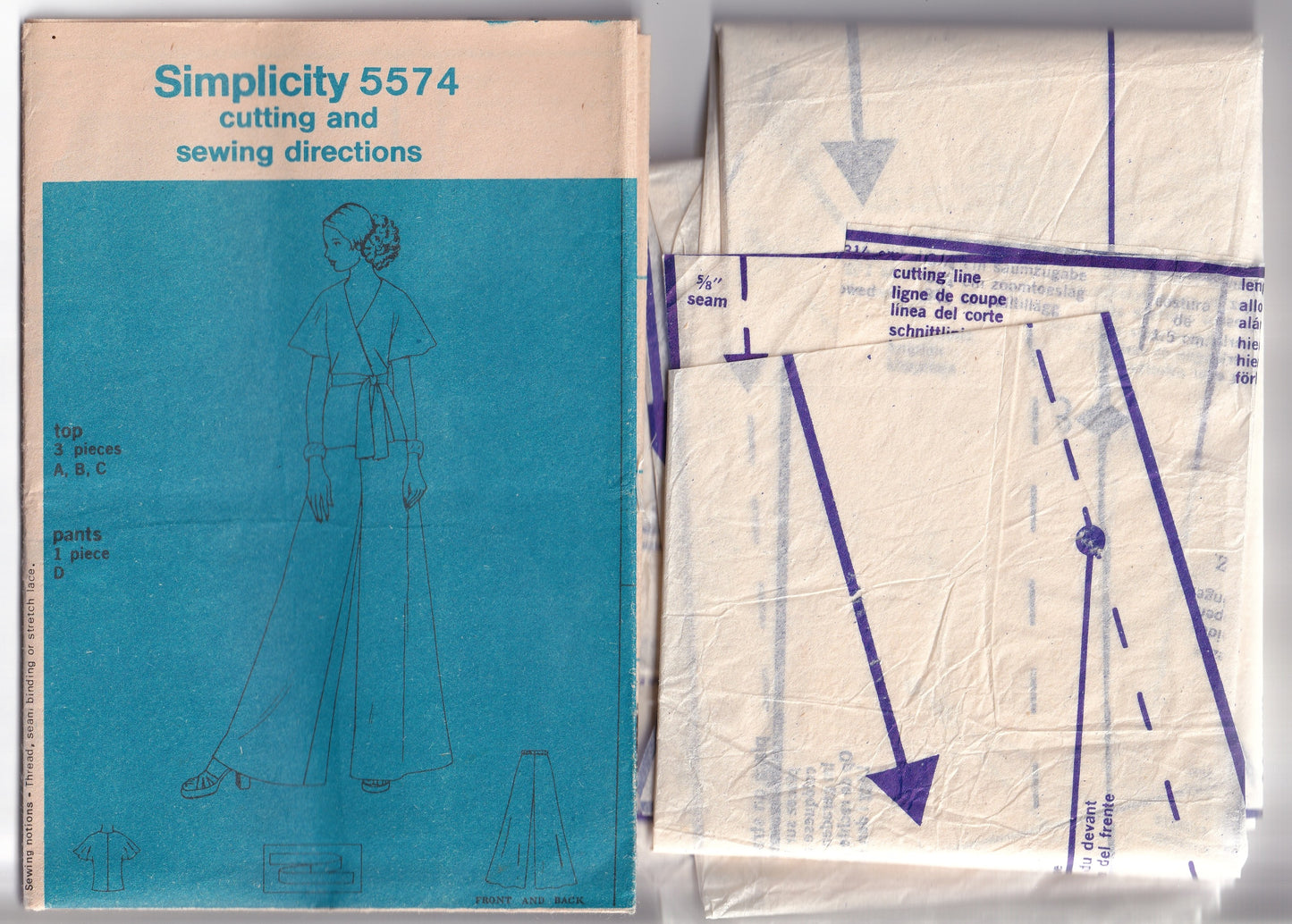 Simplicity 5574 Womens JIFFY Flutter Sleeved Wrap Top Skirt & Wide Leg Flared Pants 1970s Vintage Paper Sewing Pattern Size 14 Bust 36 inches