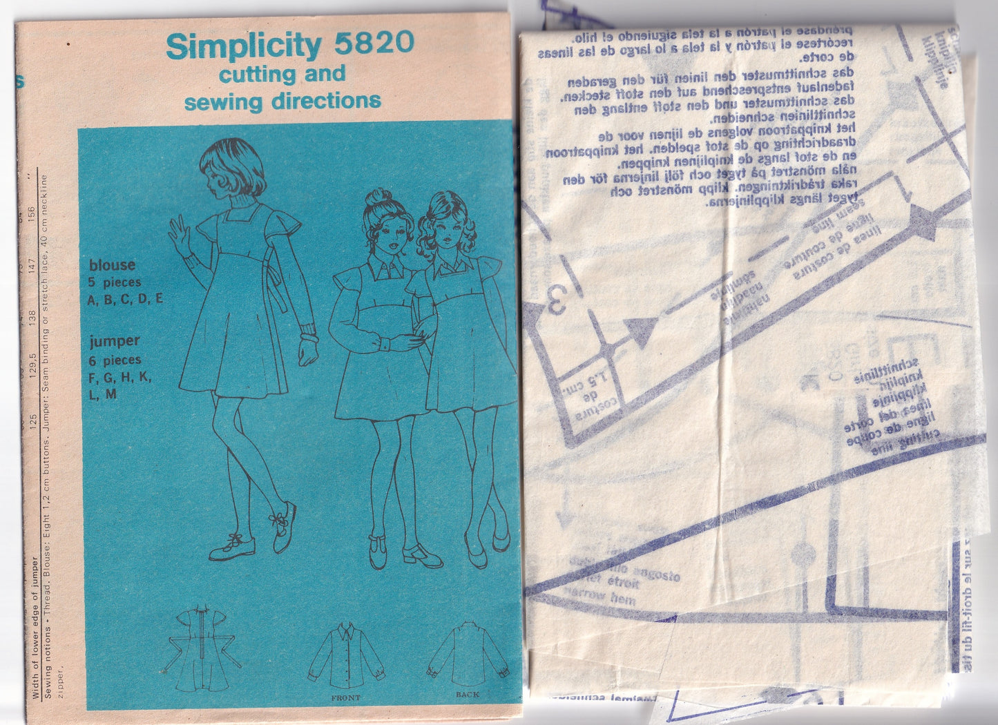 Simplicity 5820 Girls High Waisted Jumper Dress & Blouse 1970s Vintage Paper Sewing Pattern Size 10
